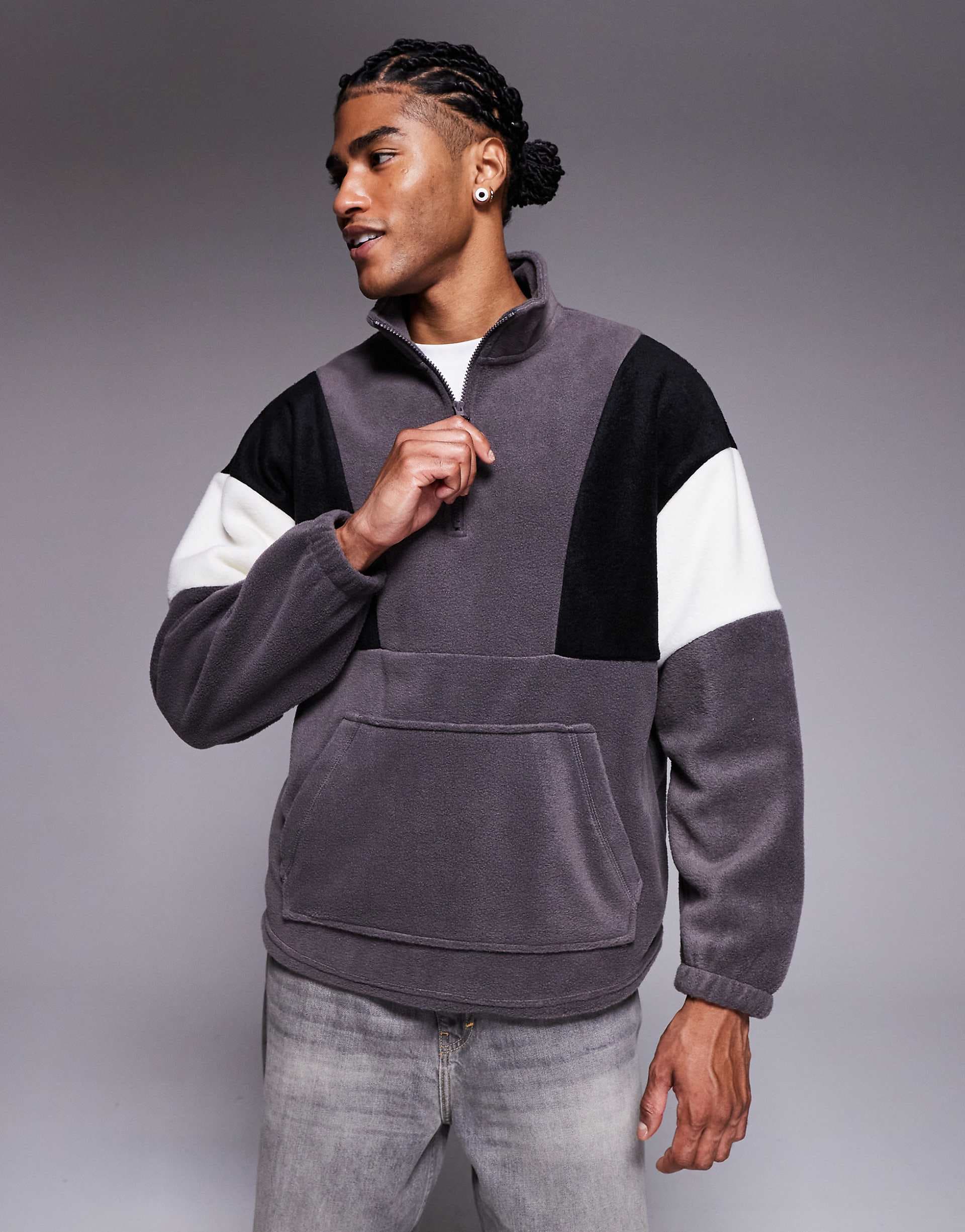 ASOS DESIGN relaxed funnel neck fleece sweatshirt with color block in gray
