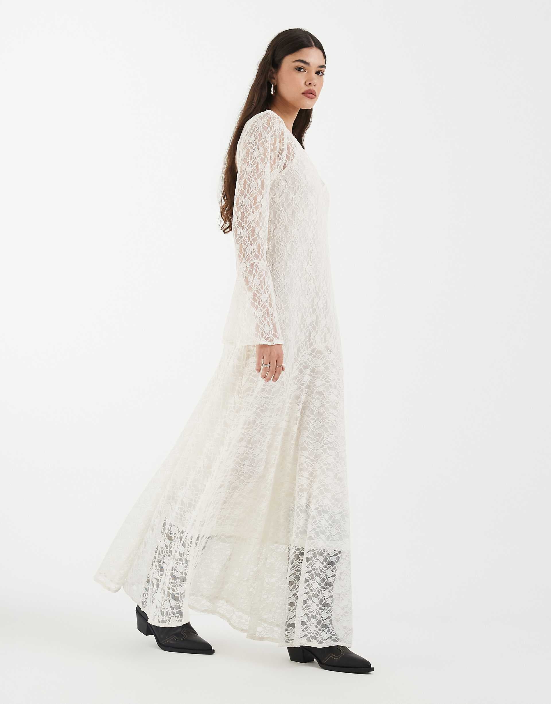 Vero Moda all over floral lace boho maxi dress with godet skirt in cream