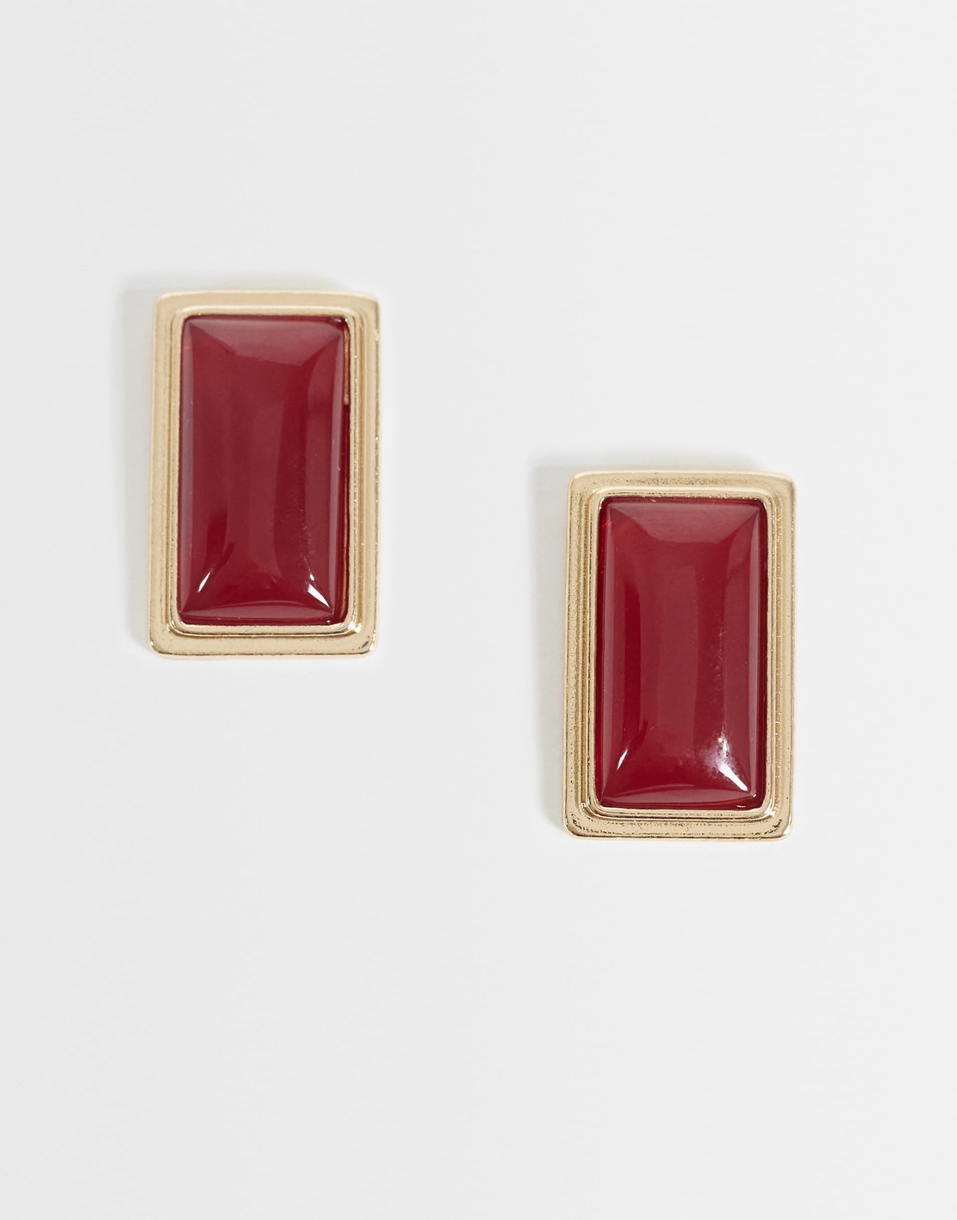ASOS DESIGN rectangular stud earrings with burgundy stone- part of a settings in gold tone