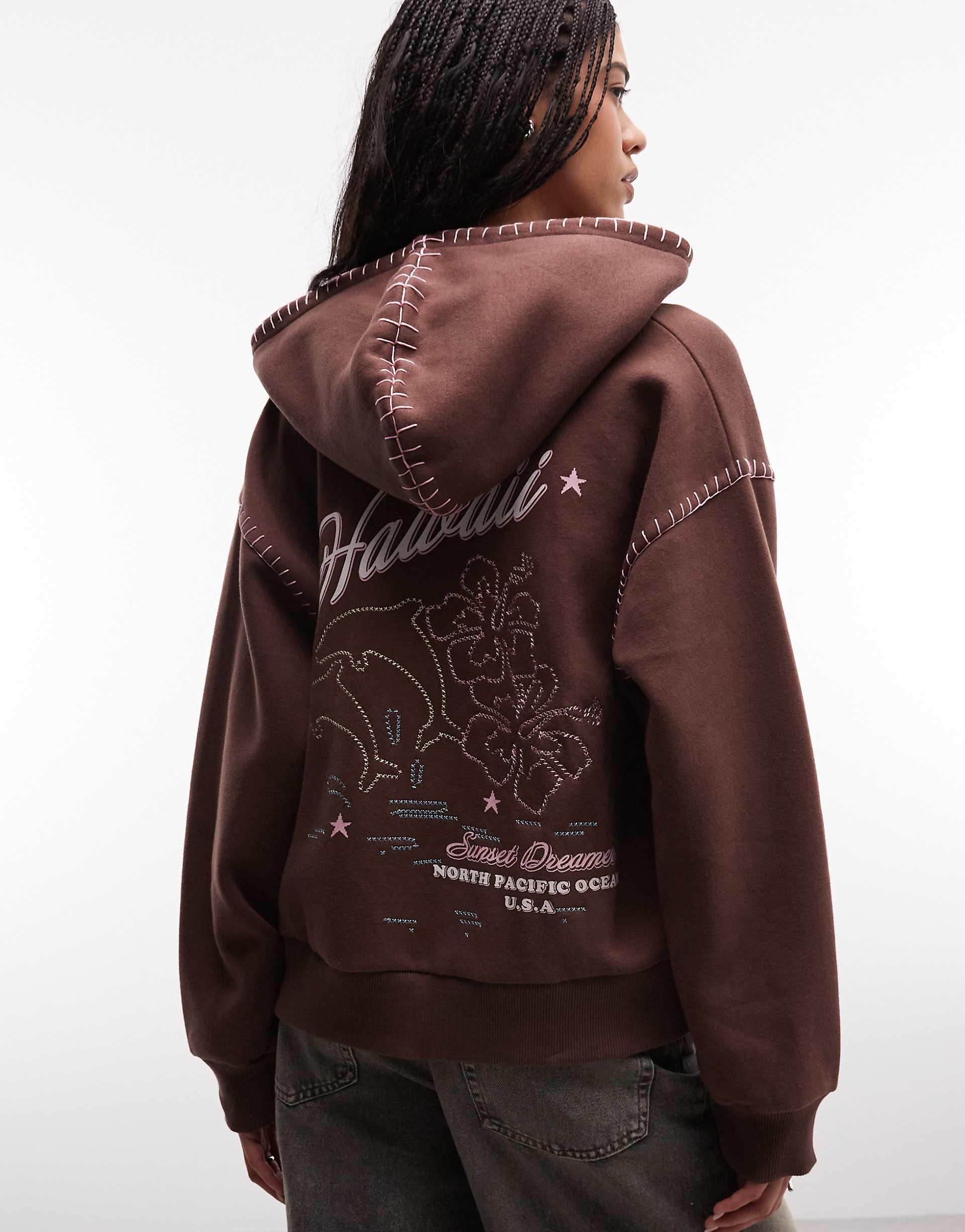 Daisy Street zip up blanket stitch oversized hoodie with floral embroidery in brown