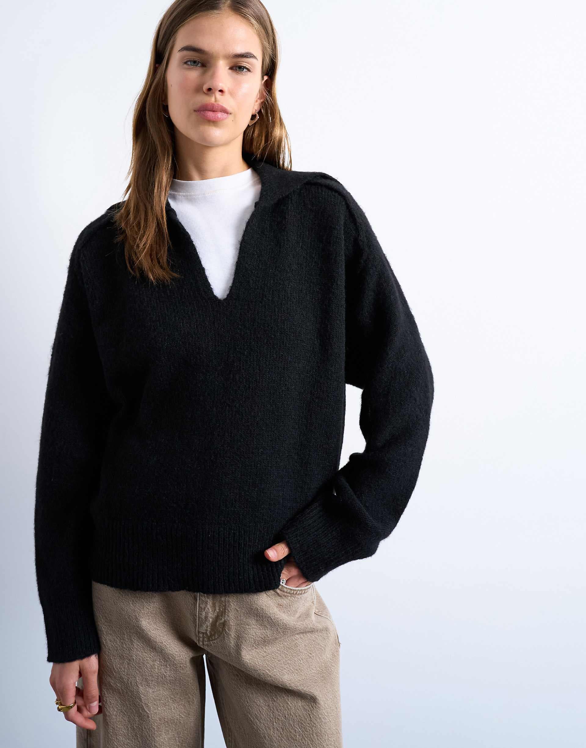 Topshop knit collared sweater in black