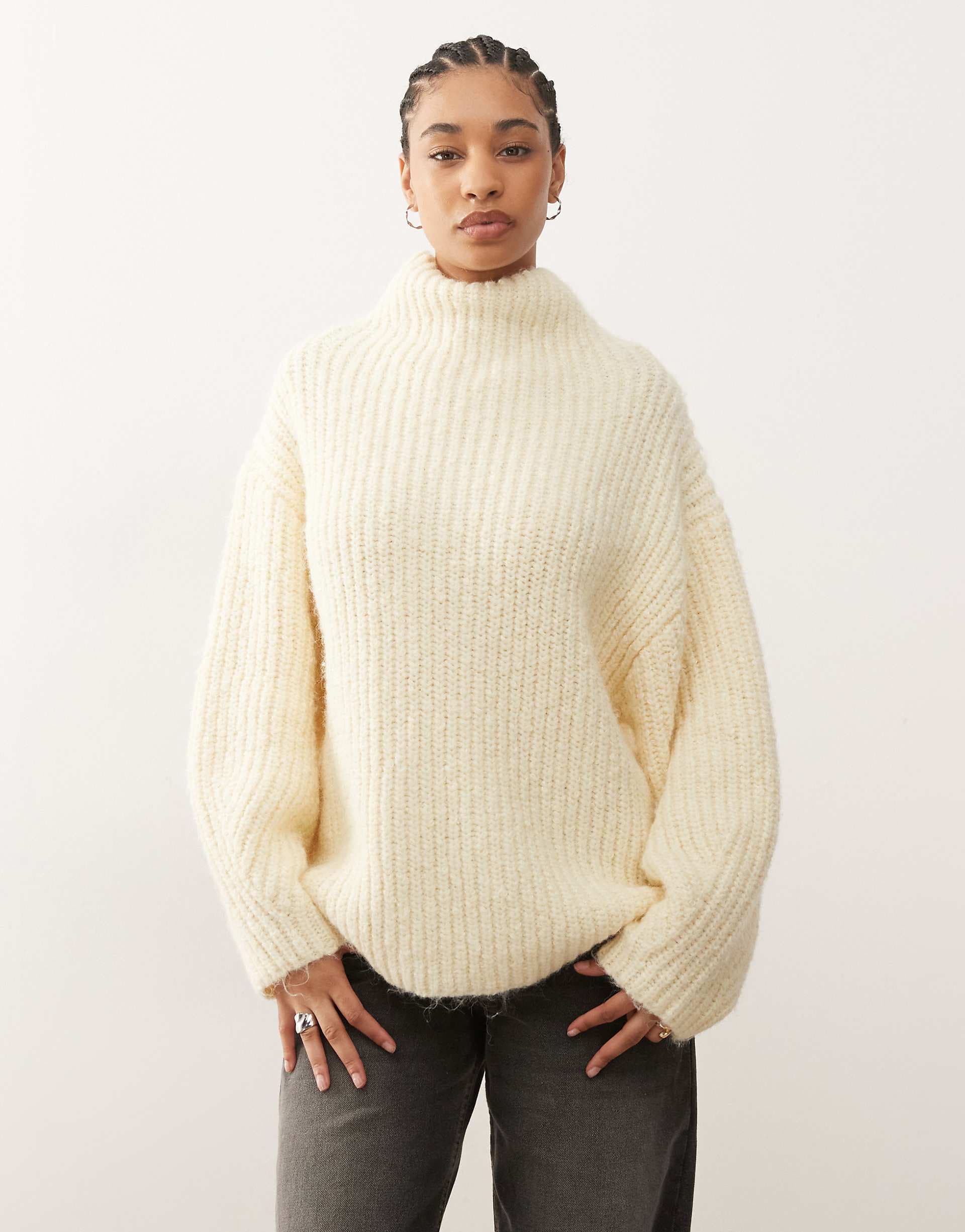 Monki chunky knit turtle neck sweater in pale buttermilk
