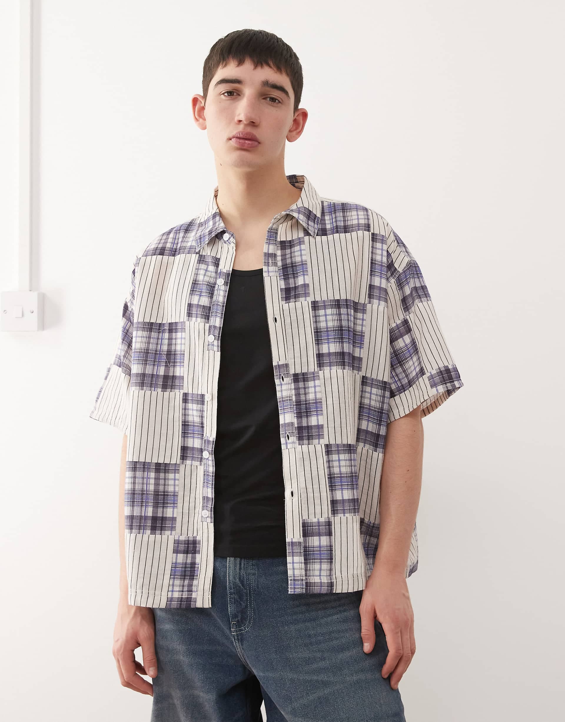 Reclaimed Vintage short sleeve boxy shirt with spliced stripes and plaid