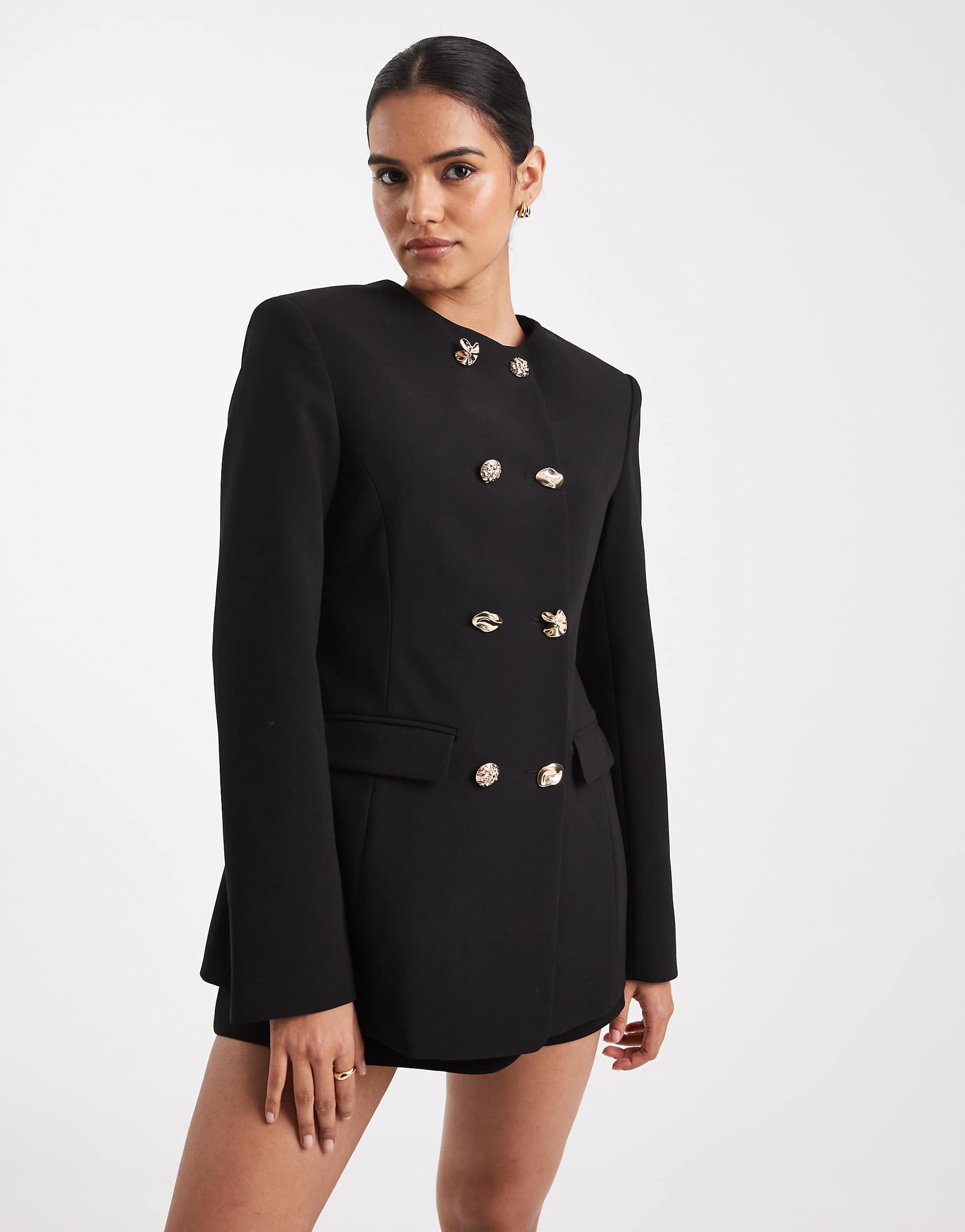 ASOS DESIGN tailored high neck blazer suit with mixed buttons in black