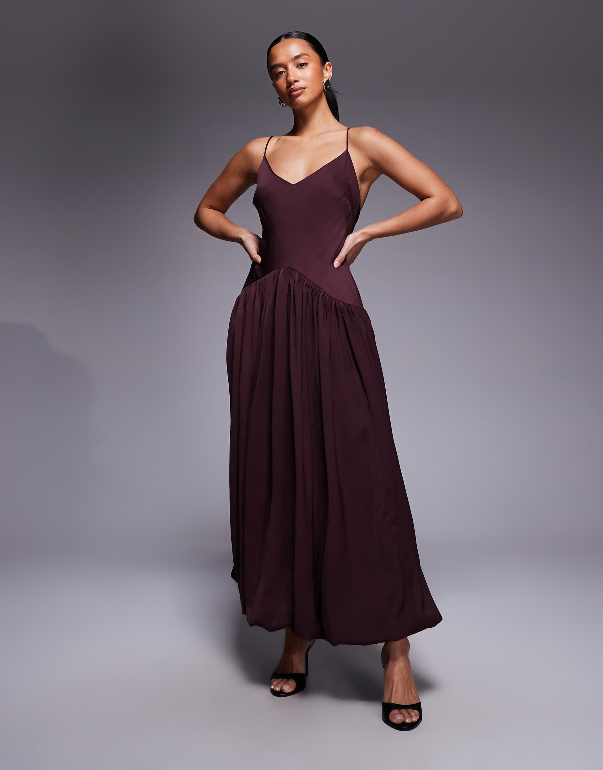 ASOS DESIGN Petite bias cut midaxi dress with bubble skirt in plum