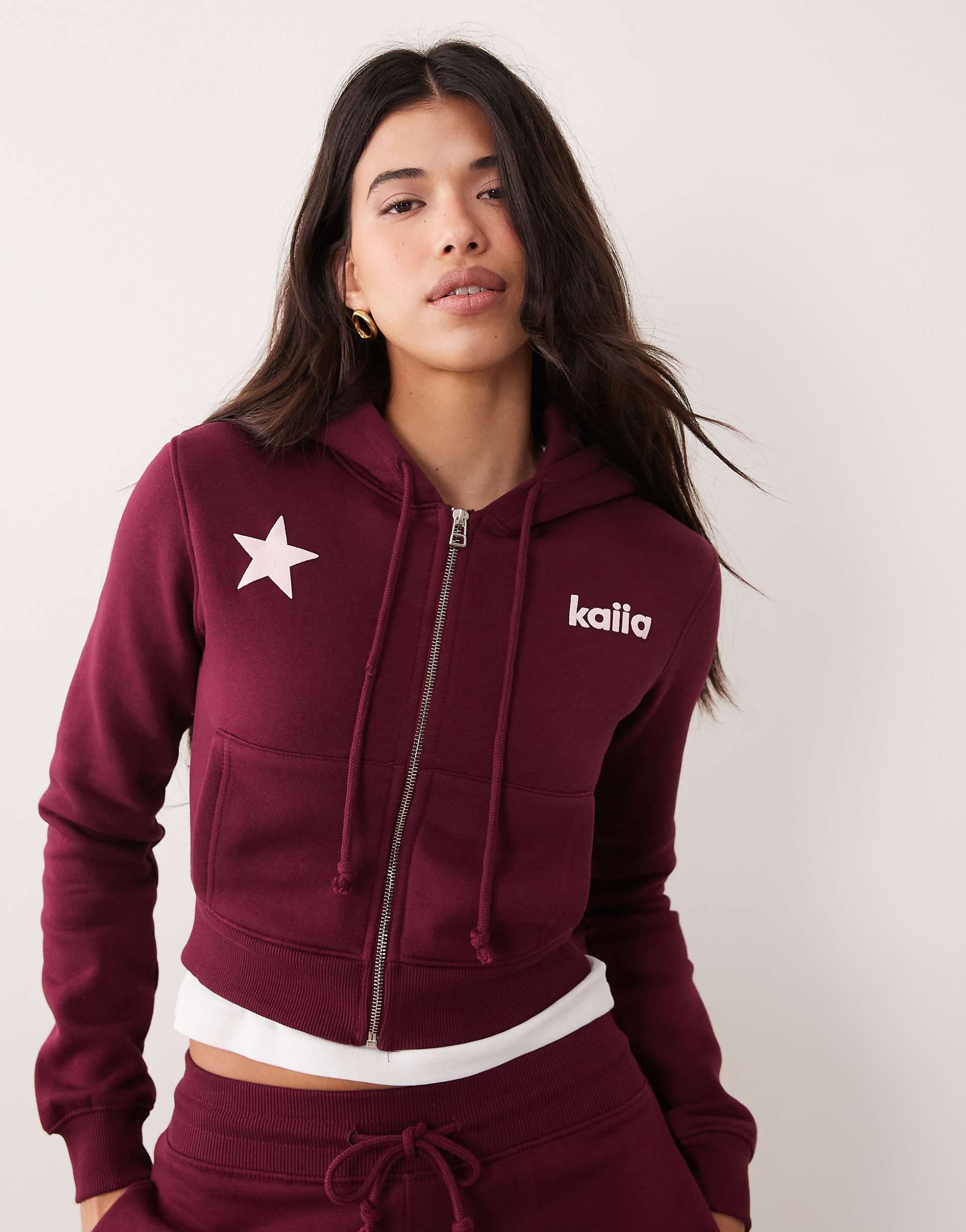 Kaiia star logo graphic zip up cropped hoodie in burgundy and pink - part of a set