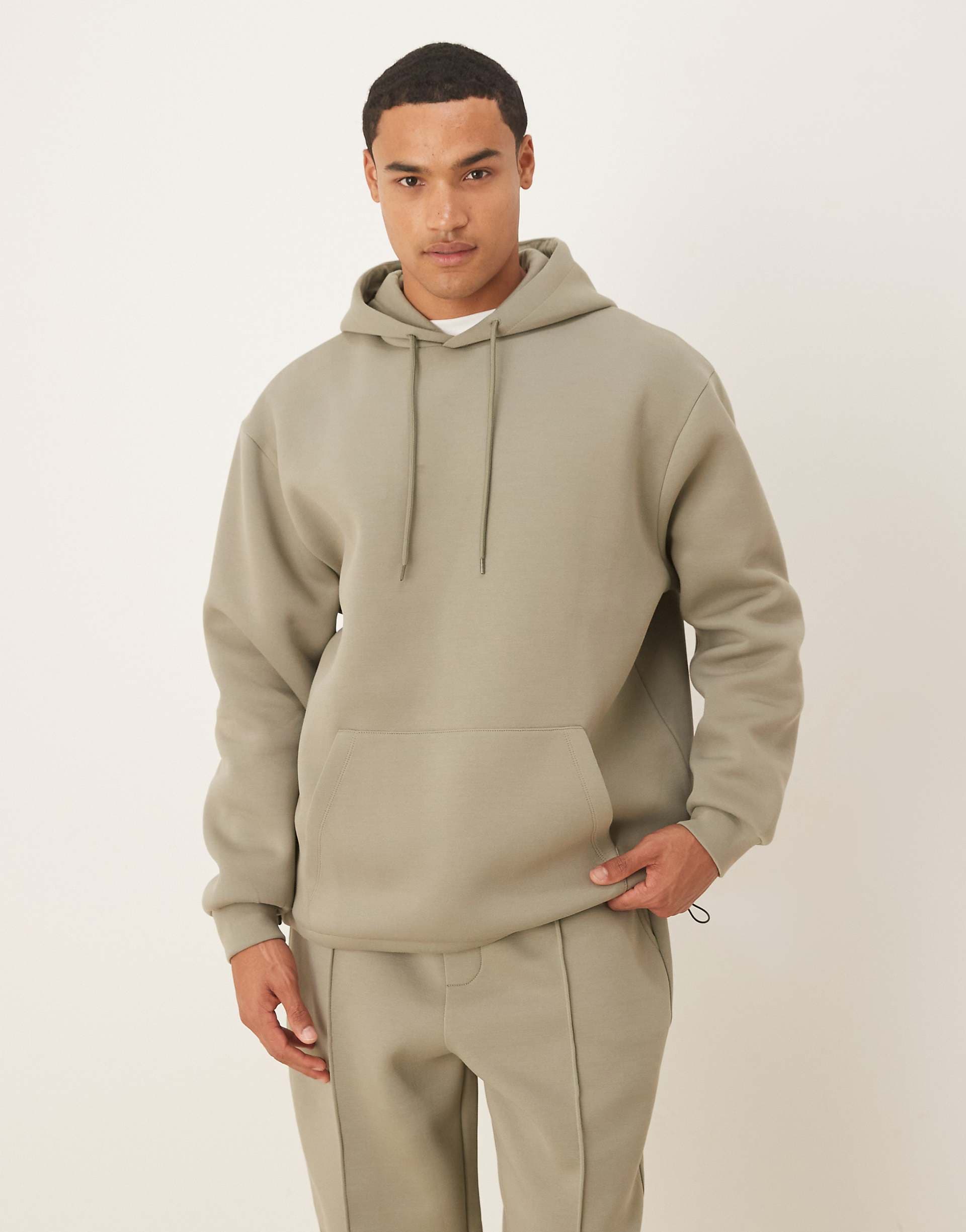 ASOS DESIGN heavyweight relaxed hoodie with fixed hem and drawstring in scuba-style fabric in khaki