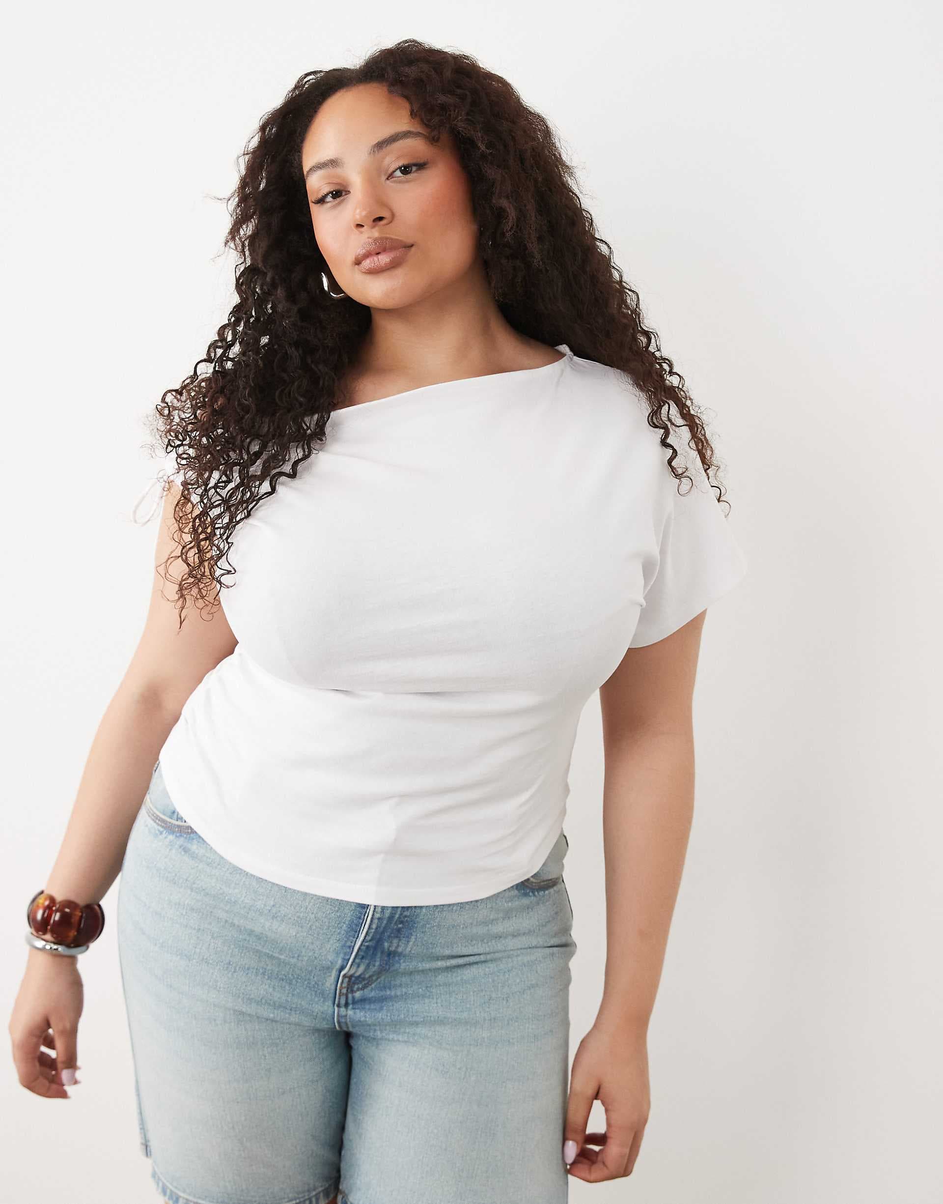 ASOS DESIGN Curve ruched sleeve fallen shoulder waisted tee in white