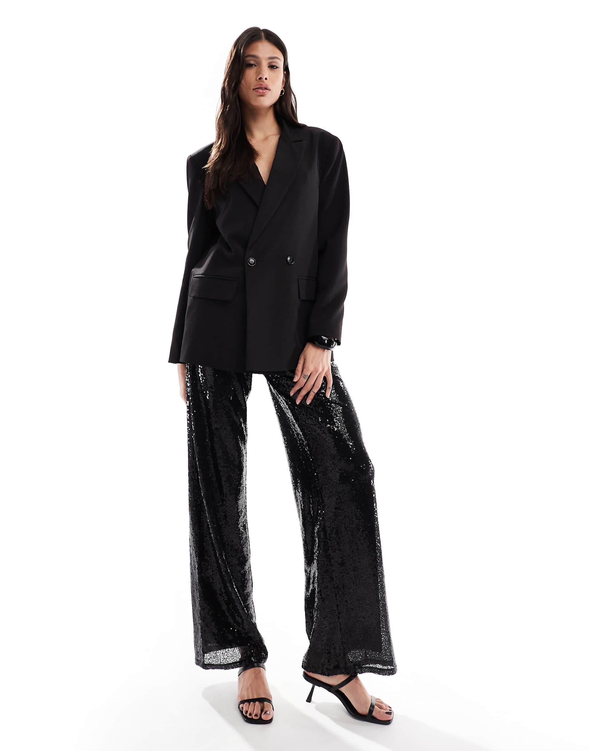 ONLY Tall high waist pull on sequin pants in black
