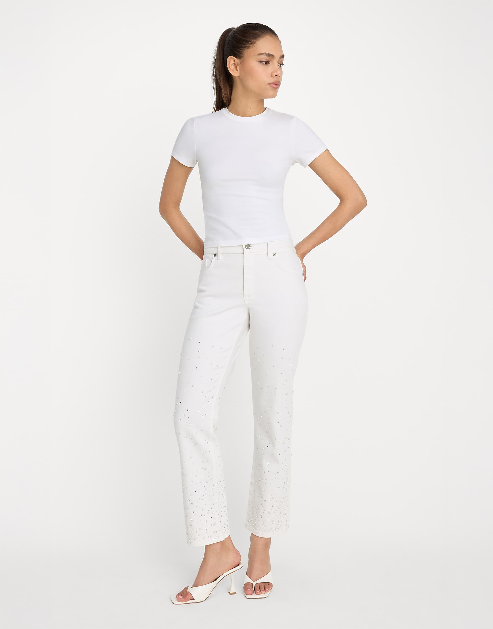 Good American good icon straight leg cropped faux pearl jeans in white