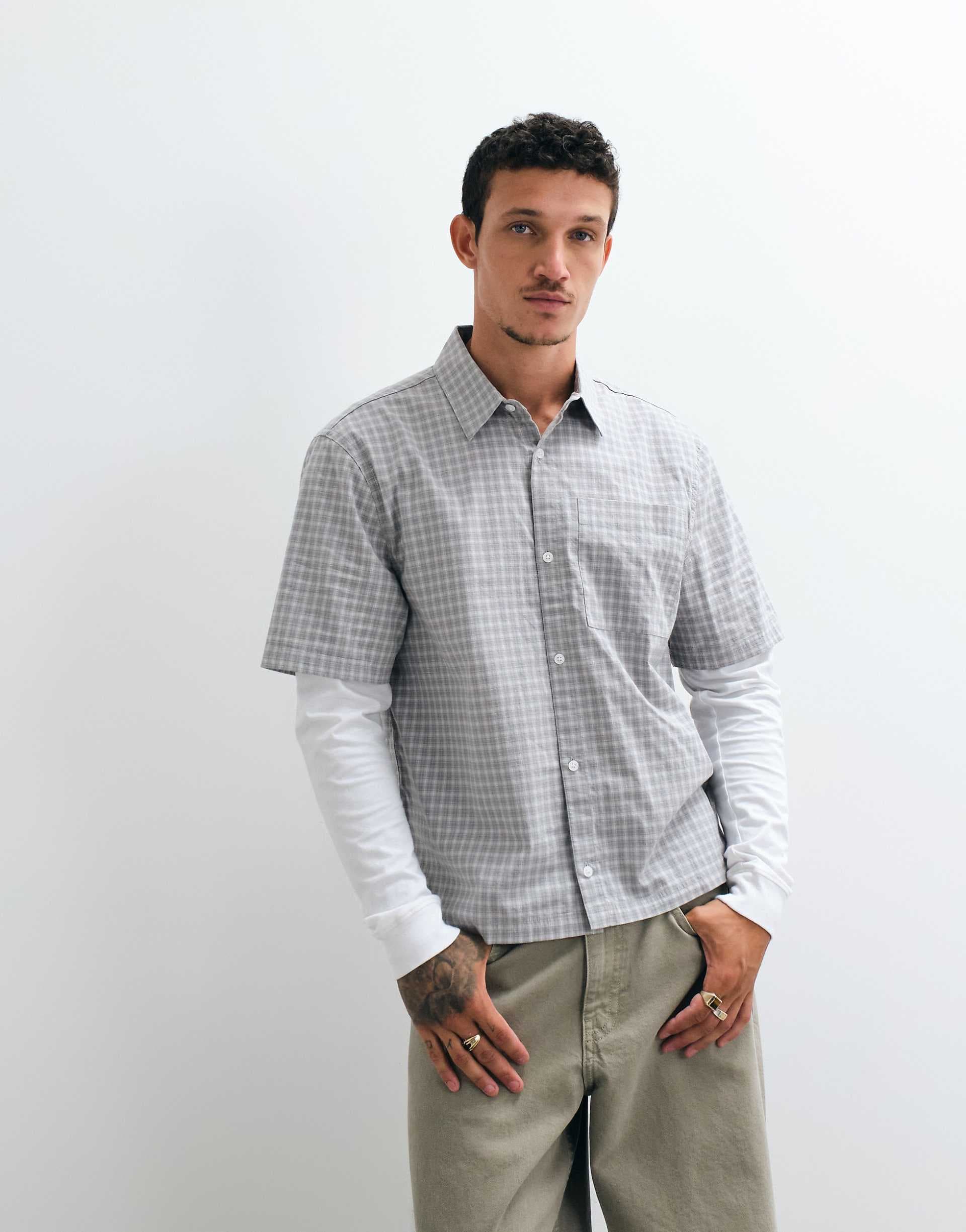 Hollister boxy shirt with long sleeve layer in gray check
