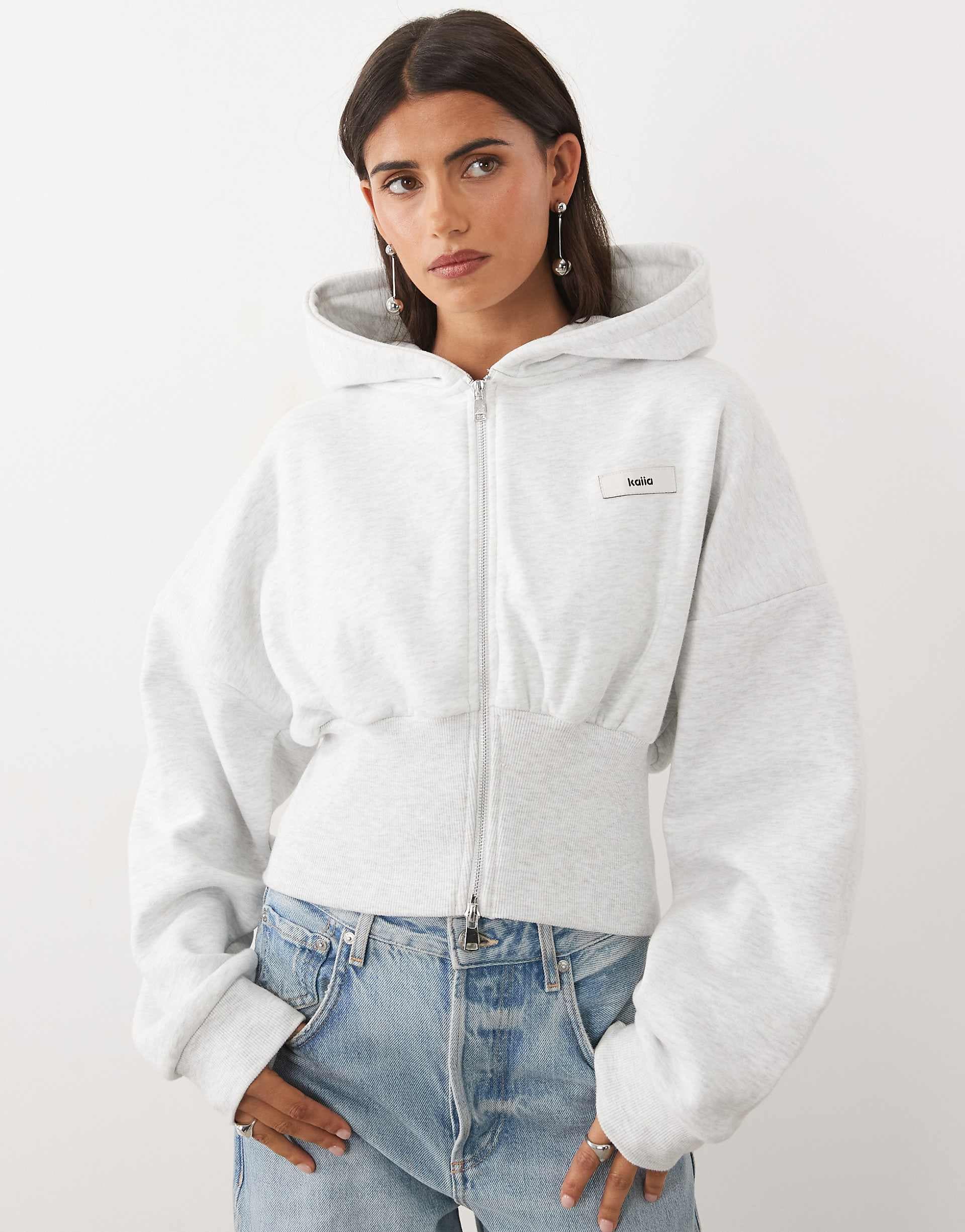 Kaiia cotton rich cinched waistband drop shoulder zip through hoodie in light gray