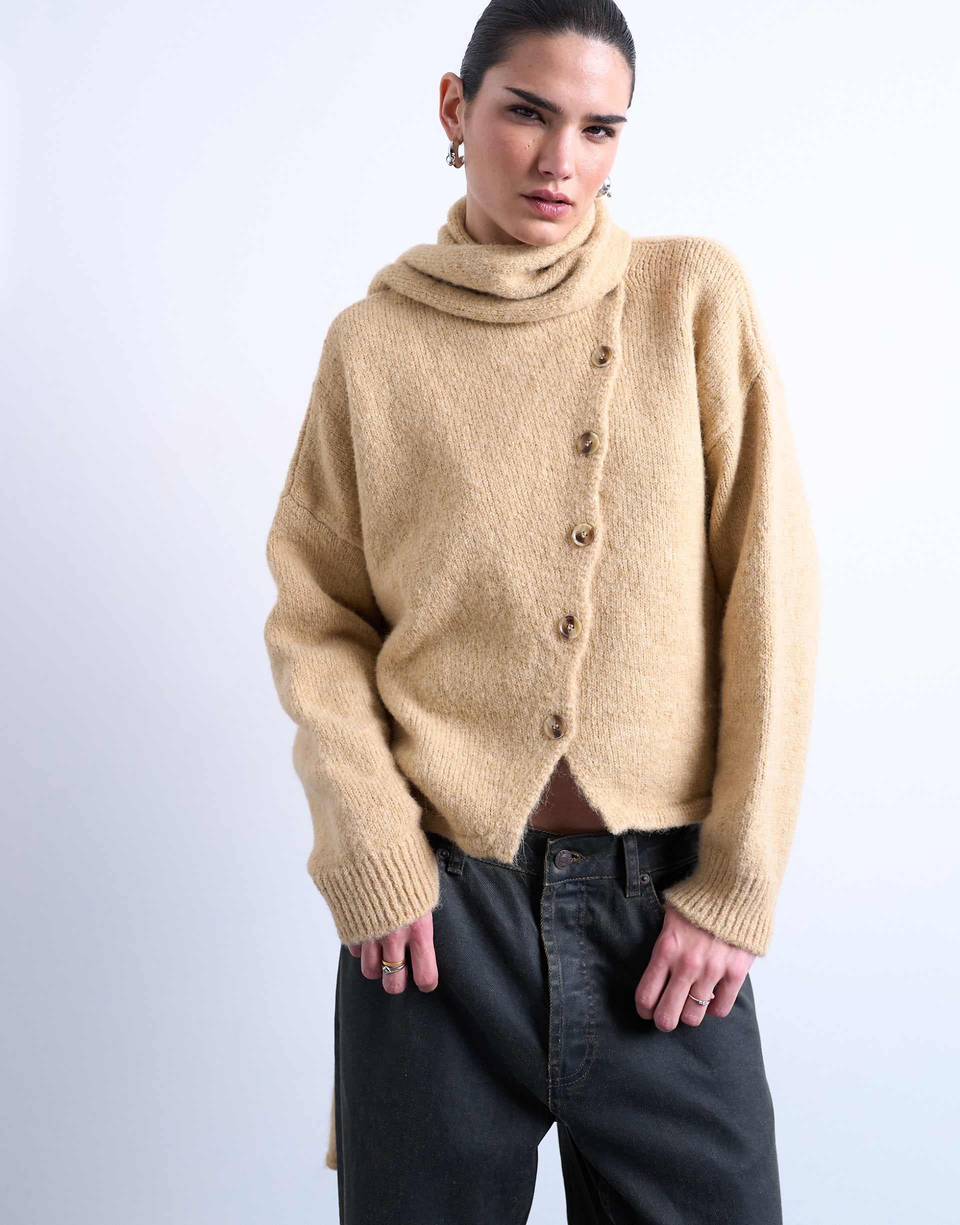 Topshop asymmetric knit cardigan with scarf in oat beige