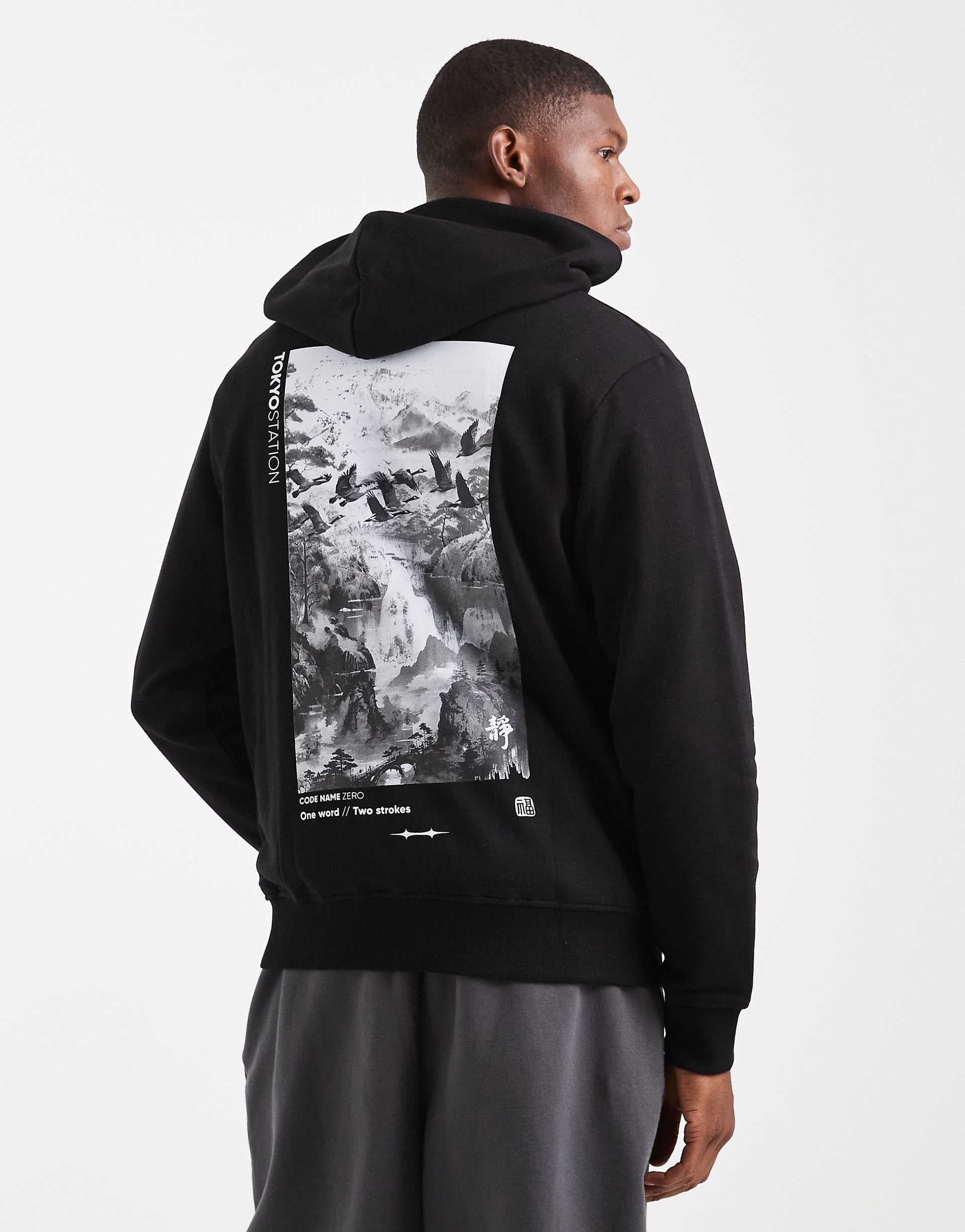 Jack & Jones hoodie with moutain back graphic in black