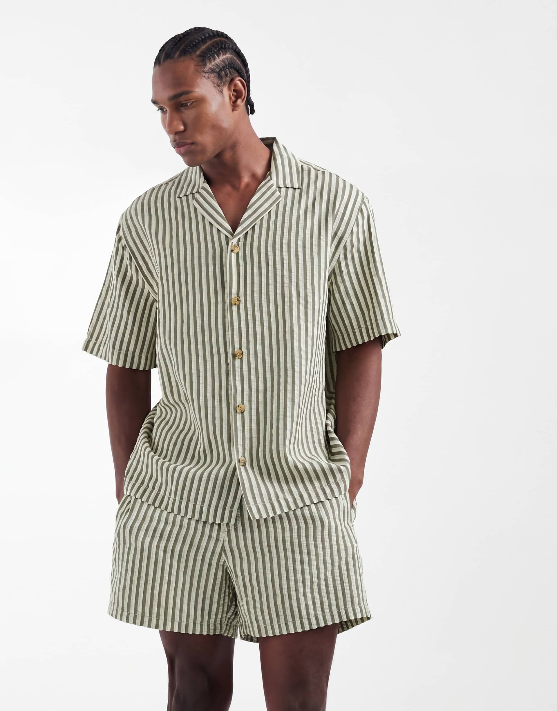 ASOS DESIGN short sleeve shirt in green stripes - part of a set