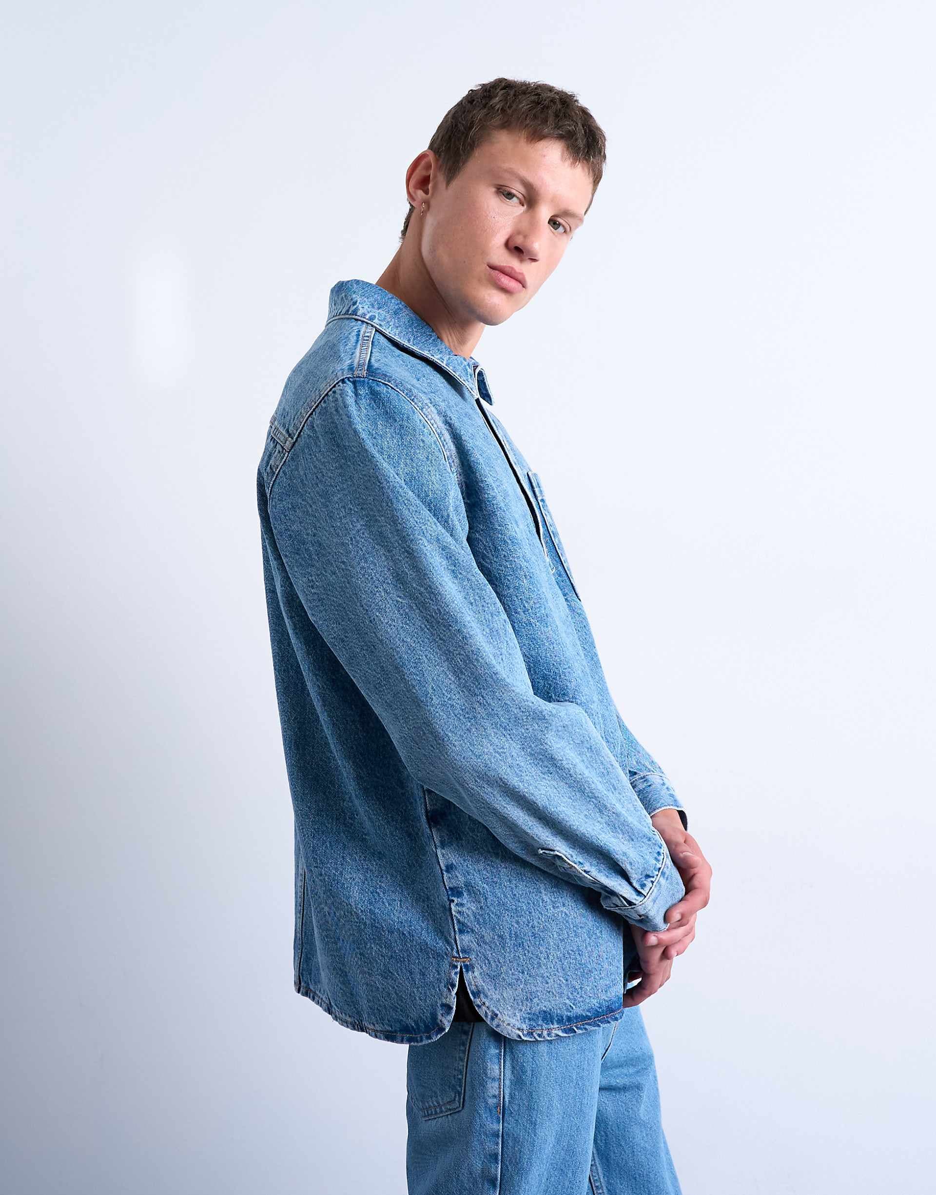 Topman relaxed fit over the head denim shirt in mid wash