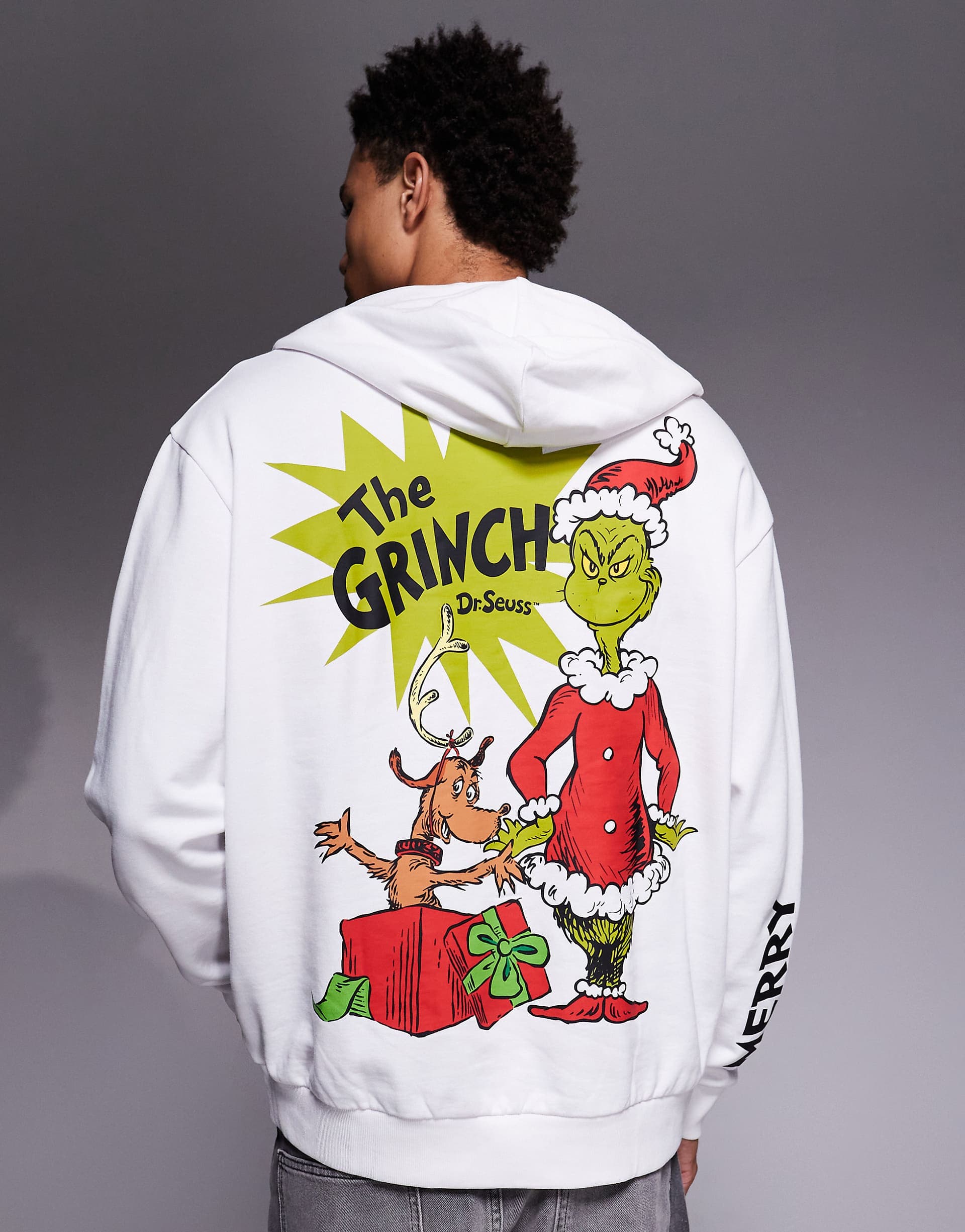 ASOS DESIGN relaxed hoodie with Grinch prints in white