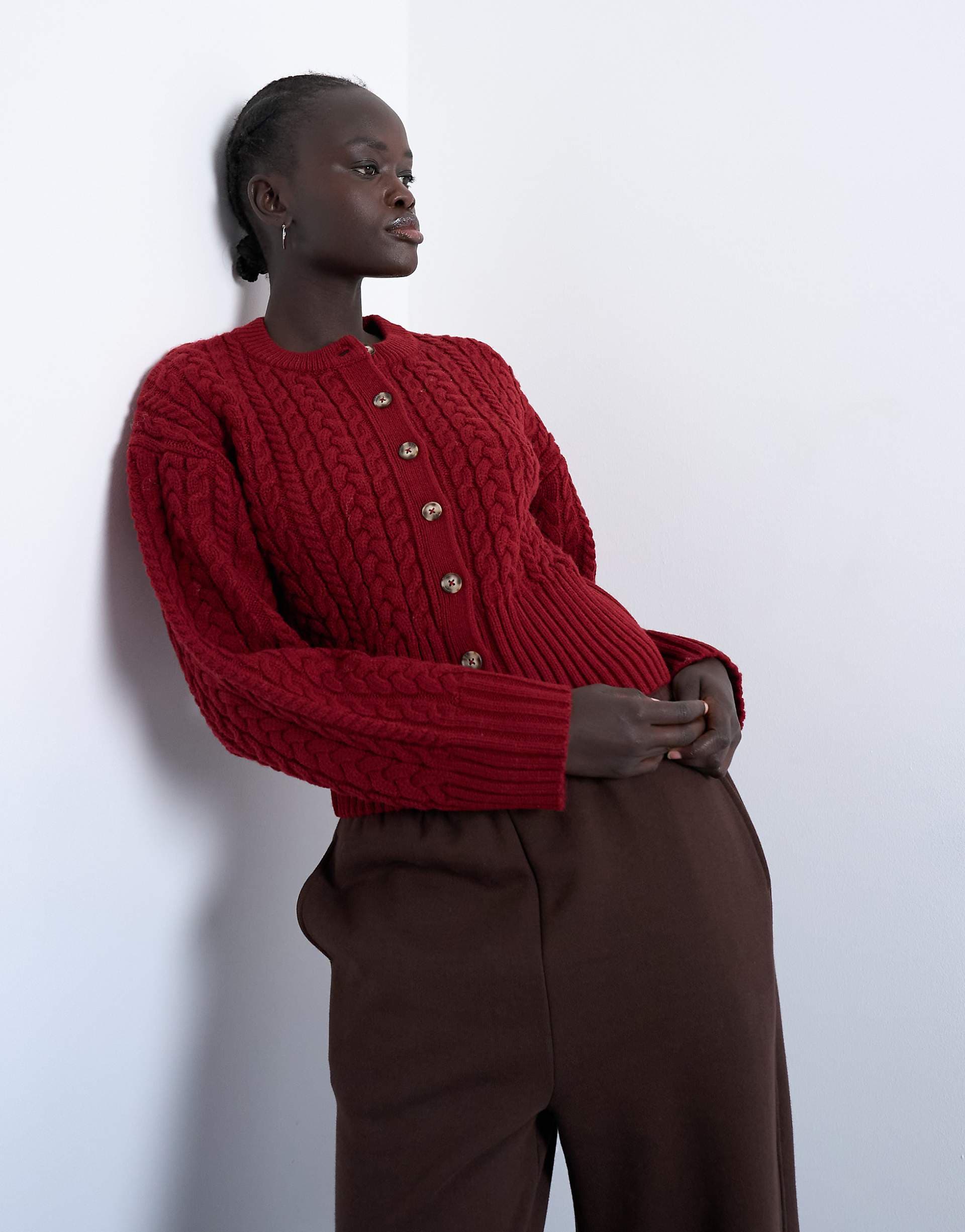 Topshop knit cable fitted waist cardigan in burgundy