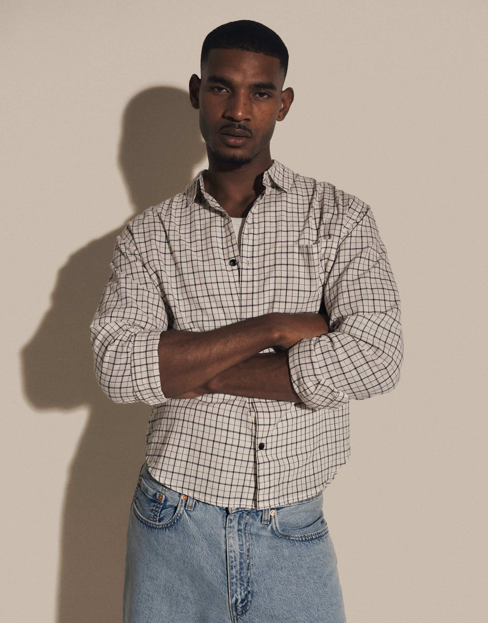 Topman relaxed crop fit plaid shirt in ecru