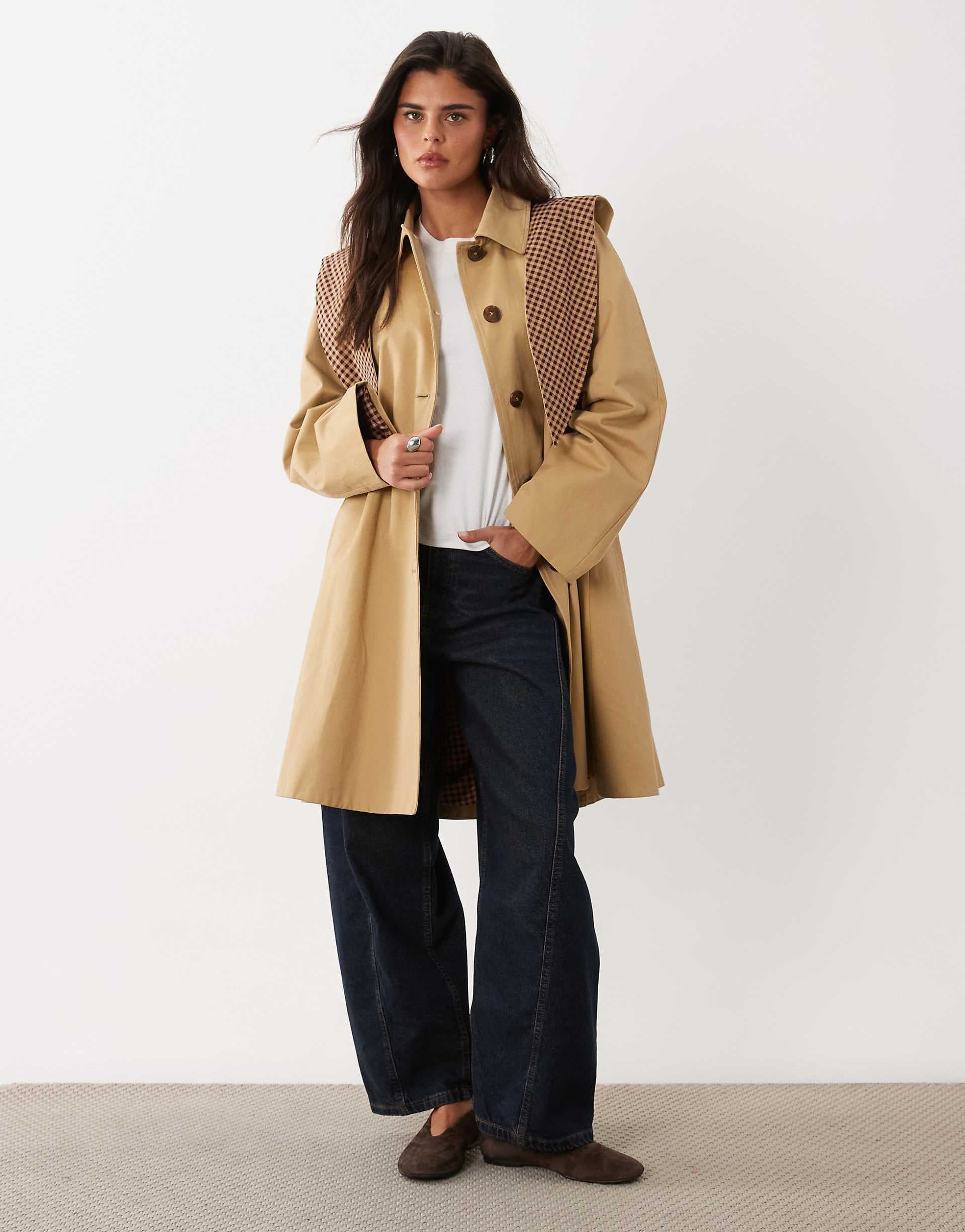 Nobody's Child cotton mid length trench coat with contrast gingham removable hooded scarf in beige