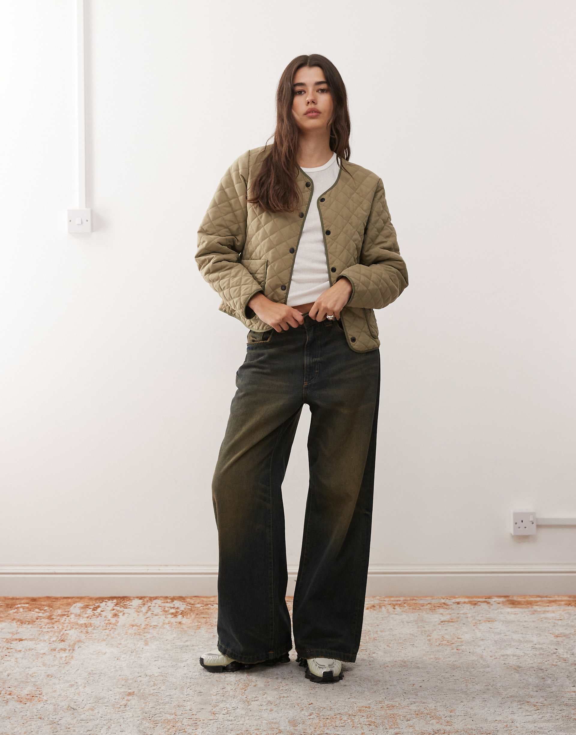 Noisy May quilted jacket in light khaki green