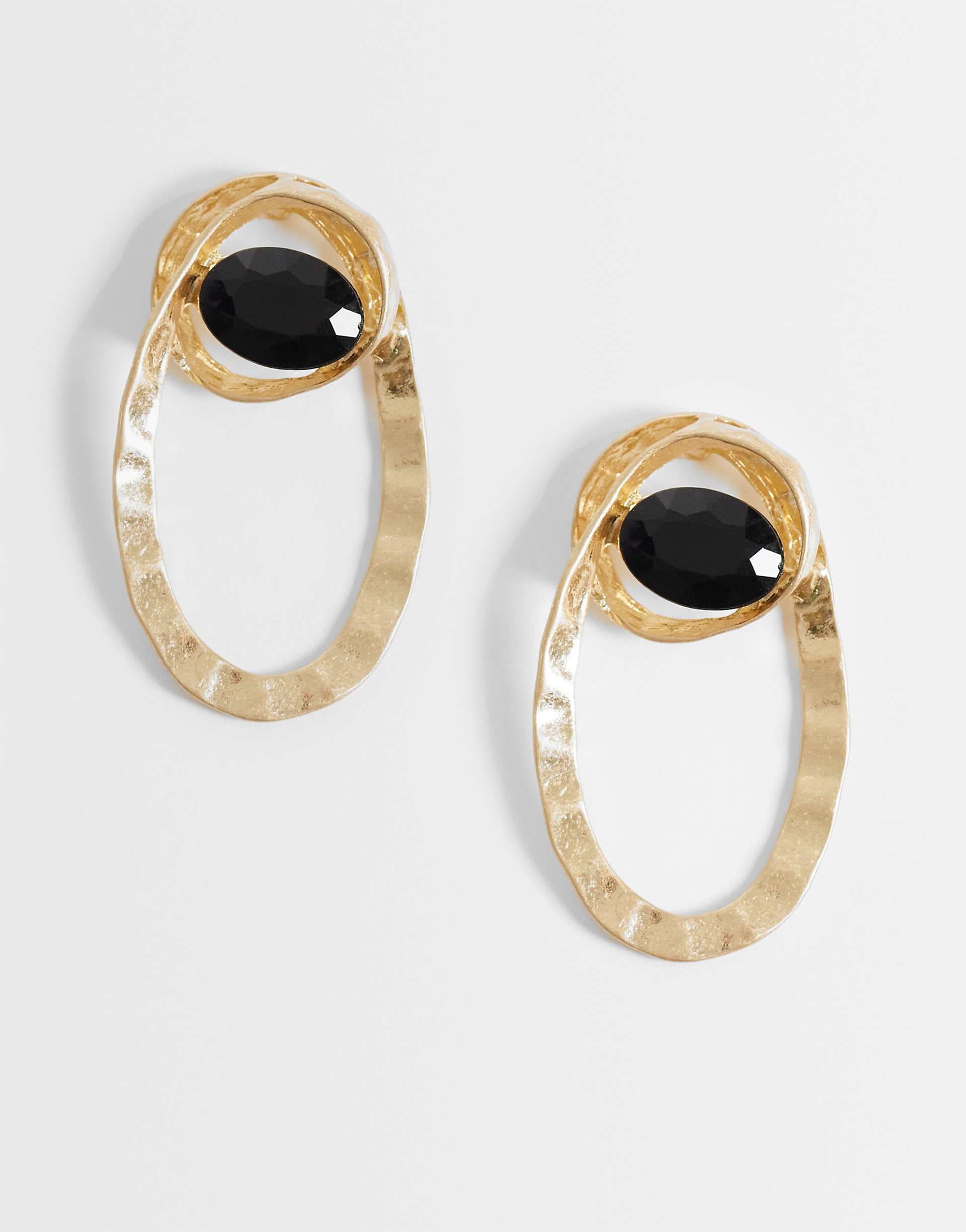 ASOS DESIGN large stud earrings with black stone setting in brushed gold tone