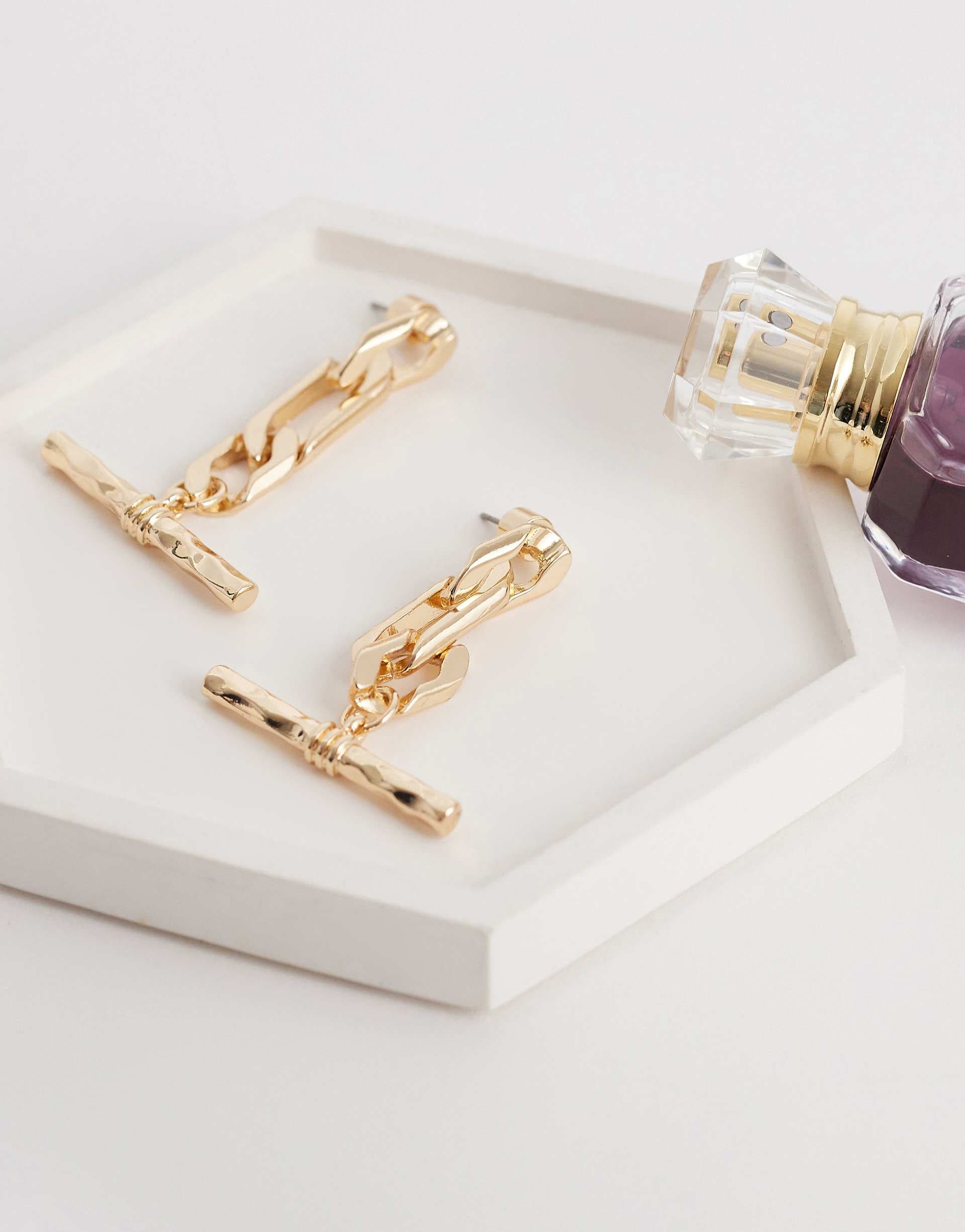 ASOS DESIGN pendant earrings with t-bar chain detail in gold tone