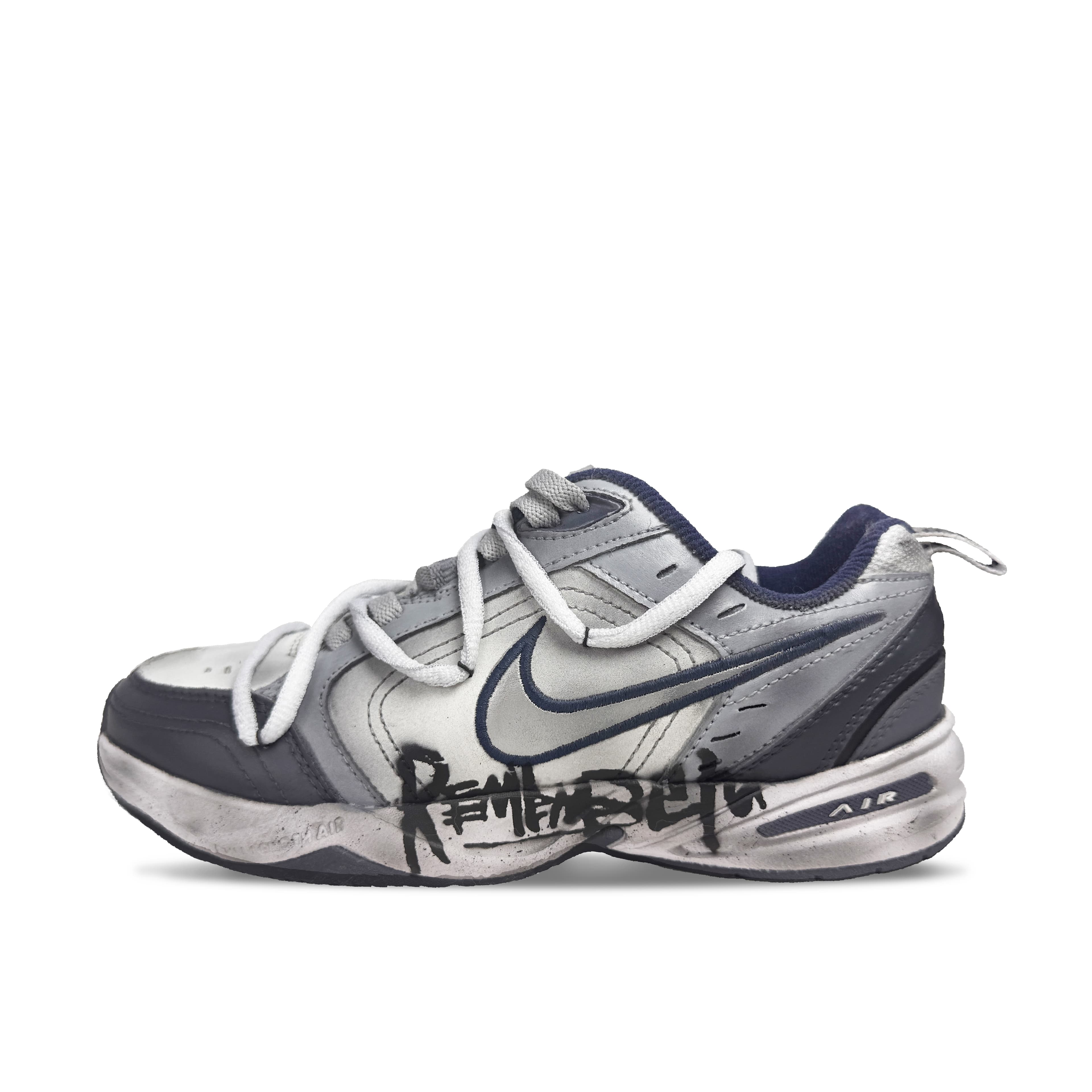 Custom Sneakers Nike Air Monarch 4 'Weekend Rhapsody Quantum Raid' Distressed Style Trendy Spray Paint Splatter Casual Versatile Low-Top Dad Shoes Unisex Gray
