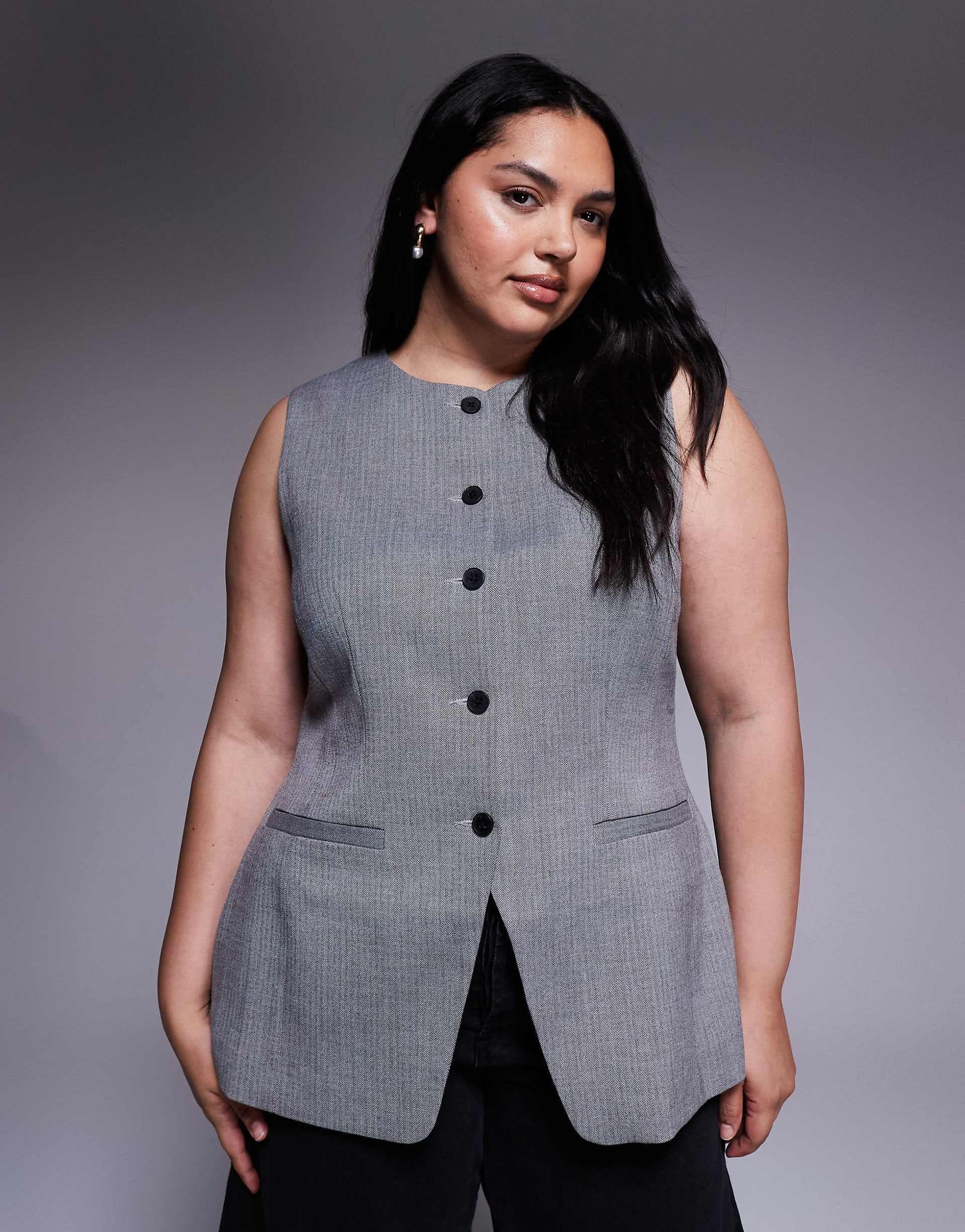 ASOS DESIGN Curve tailored high neck moulded hip vest in mono herringbone