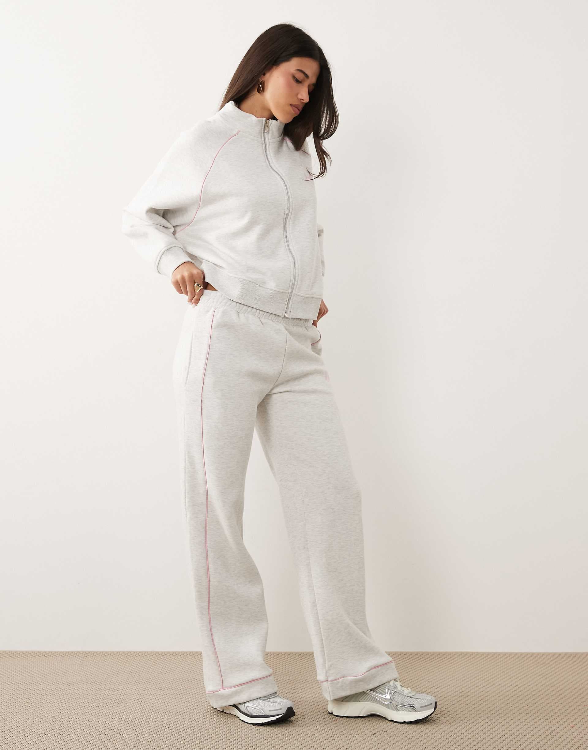 Kaiia cotton rich embroidered logo wide leg sweatpants in heather gray and baby pink - part of a set