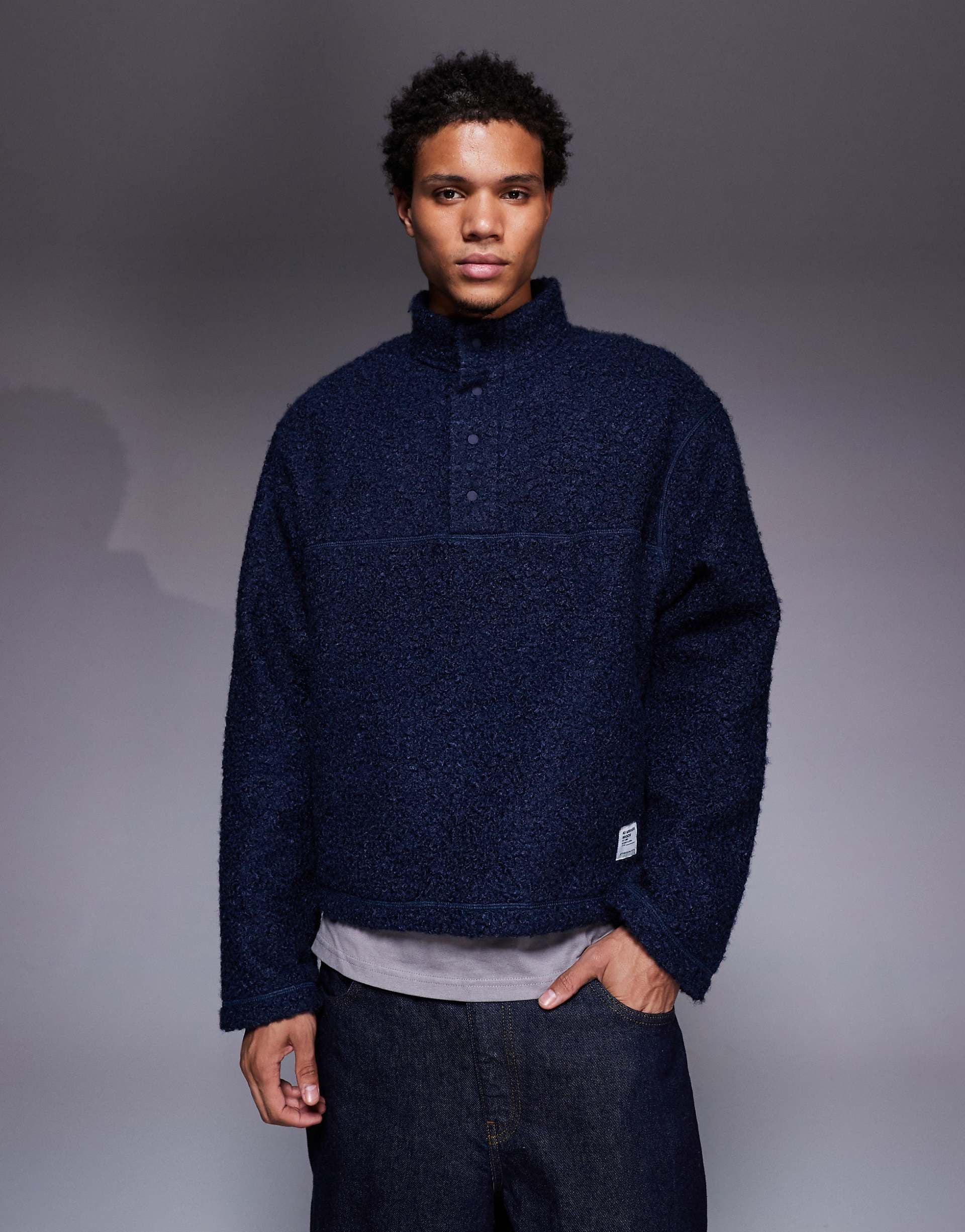 ASOS DESIGN relaxed boxy polo funnel neck sweatshirt in borg with workwear badge in navy