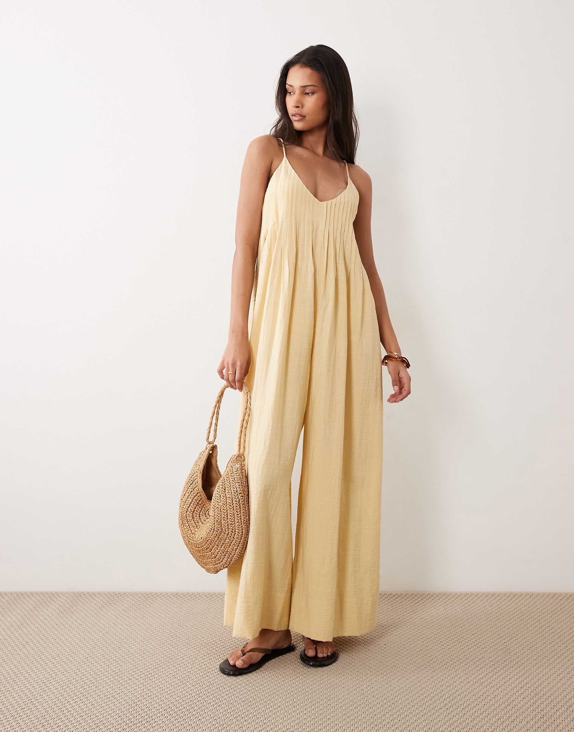 ASOS DESIGN wide leg jumpsuit with pintuck detailing in buttermilk
