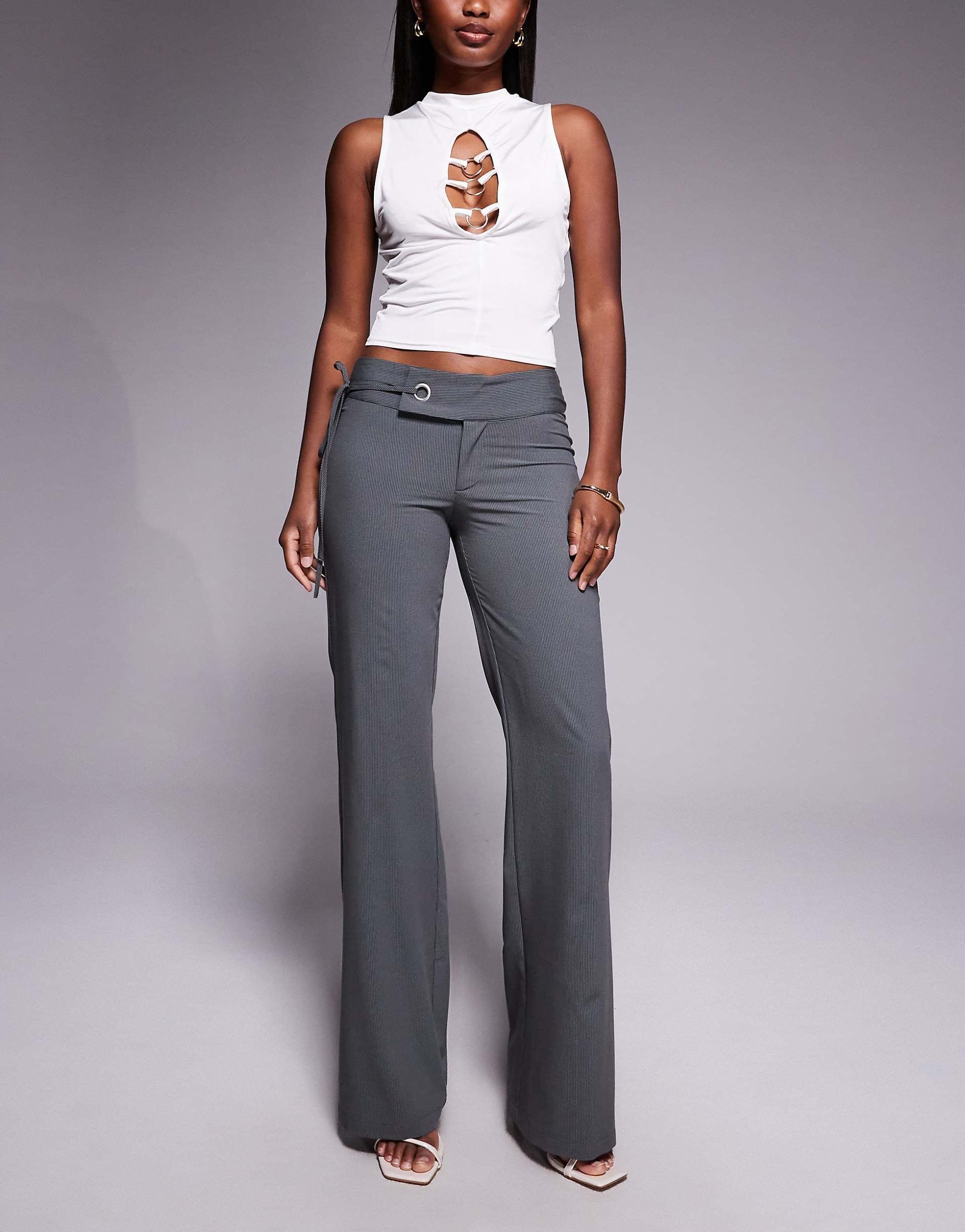 Tiger Mist Emory 90s tailored low rise eyelet tie side detail flared pants in charcoal pinstripe