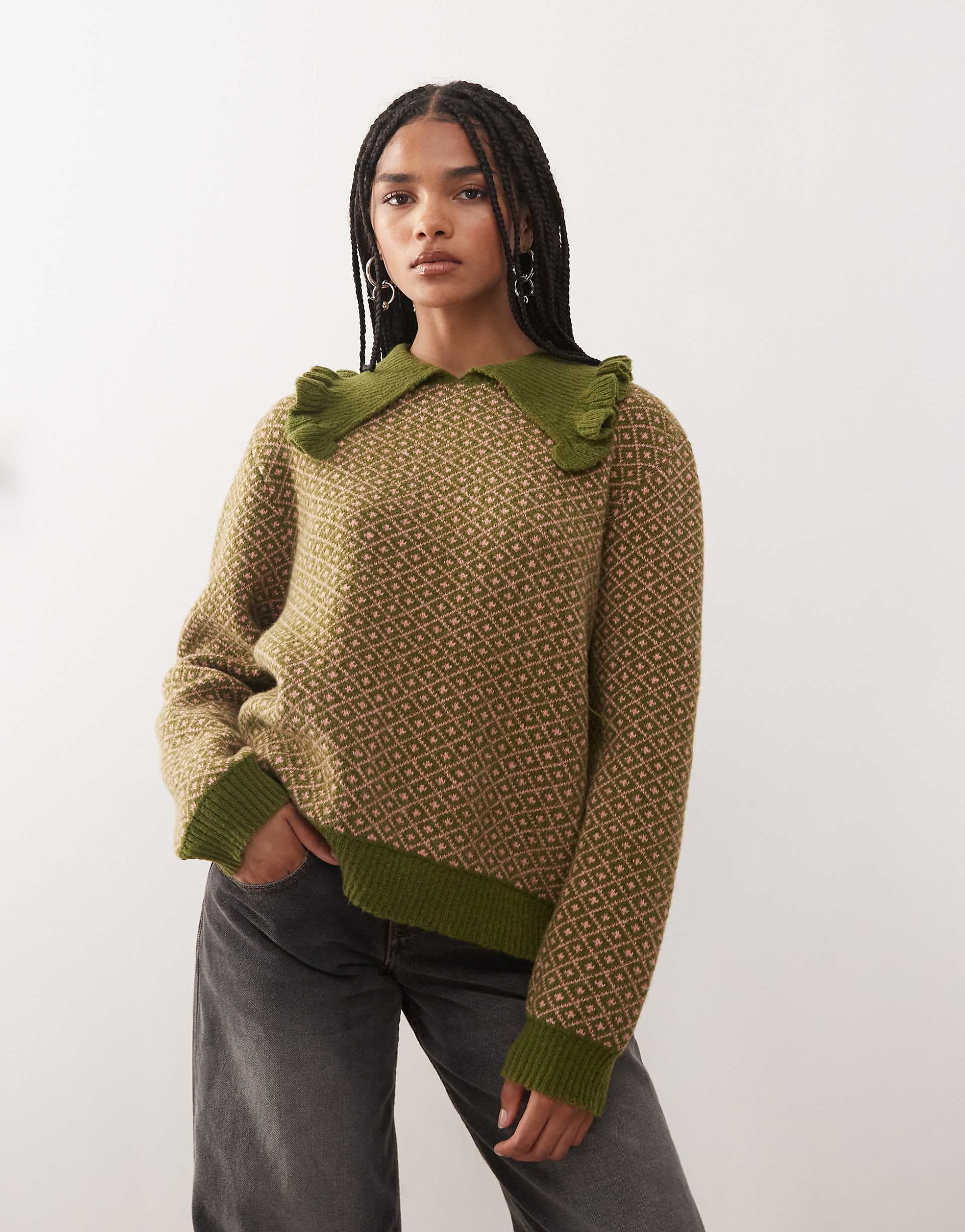 Reclaimed Vintage boxy fit knit sweater with collar in green and pink print
