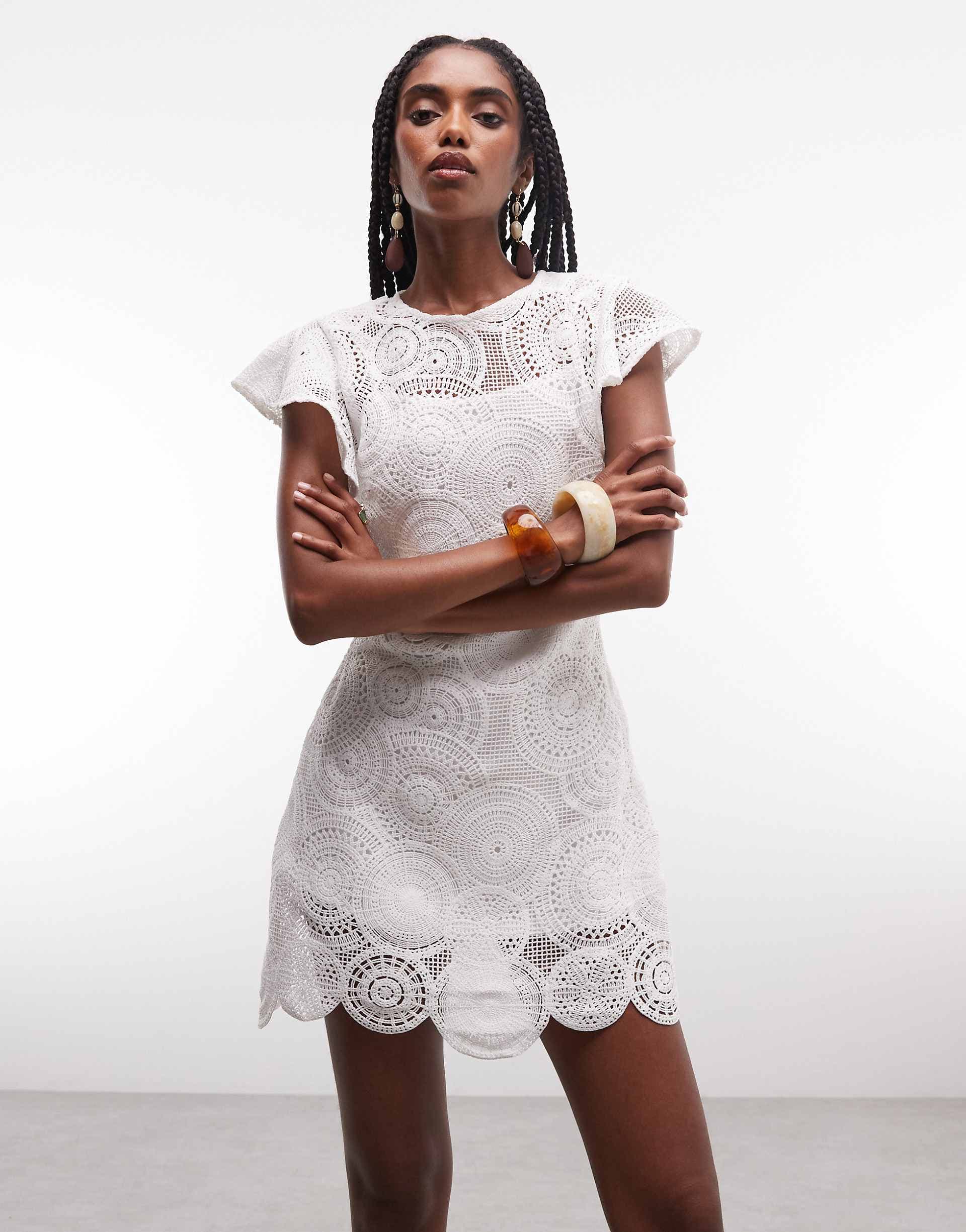 ASOS DESIGN crochet flutter sleeve mini dress in ivory