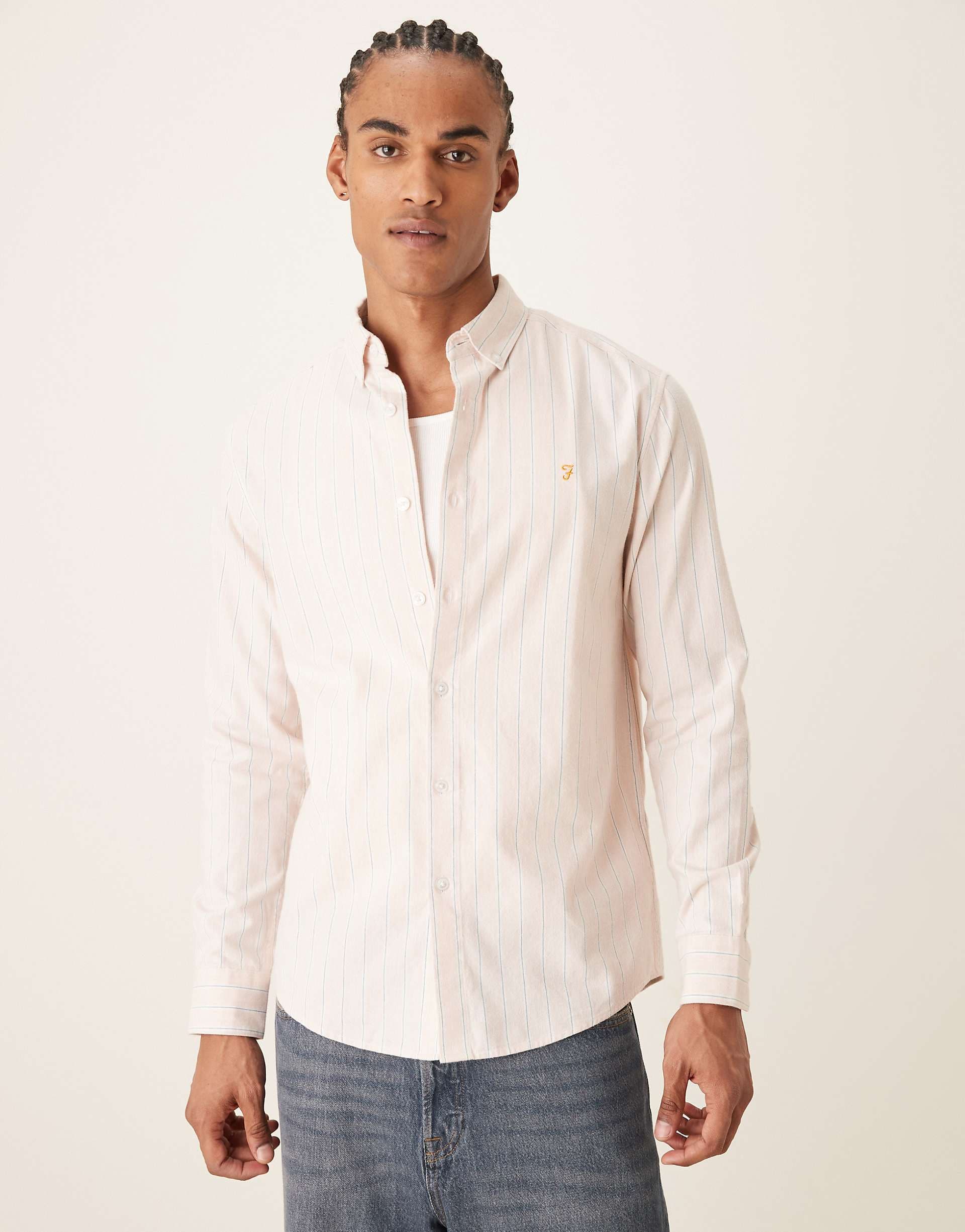 Farah Steen long sleeve logo shirt in pink wide stripe