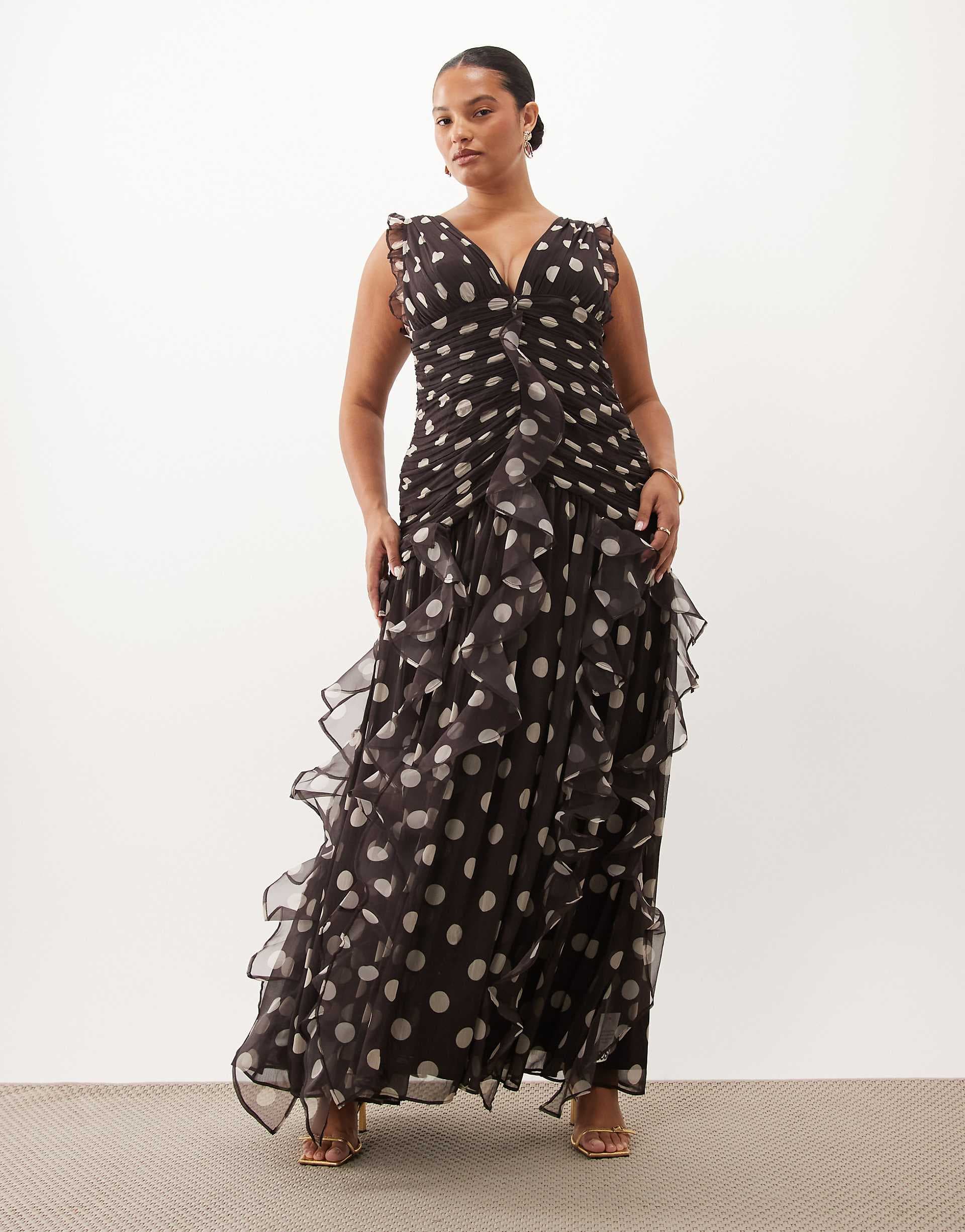ASOS LUXE Curve ruched maxi dress with waterfall detail in chocolate spot