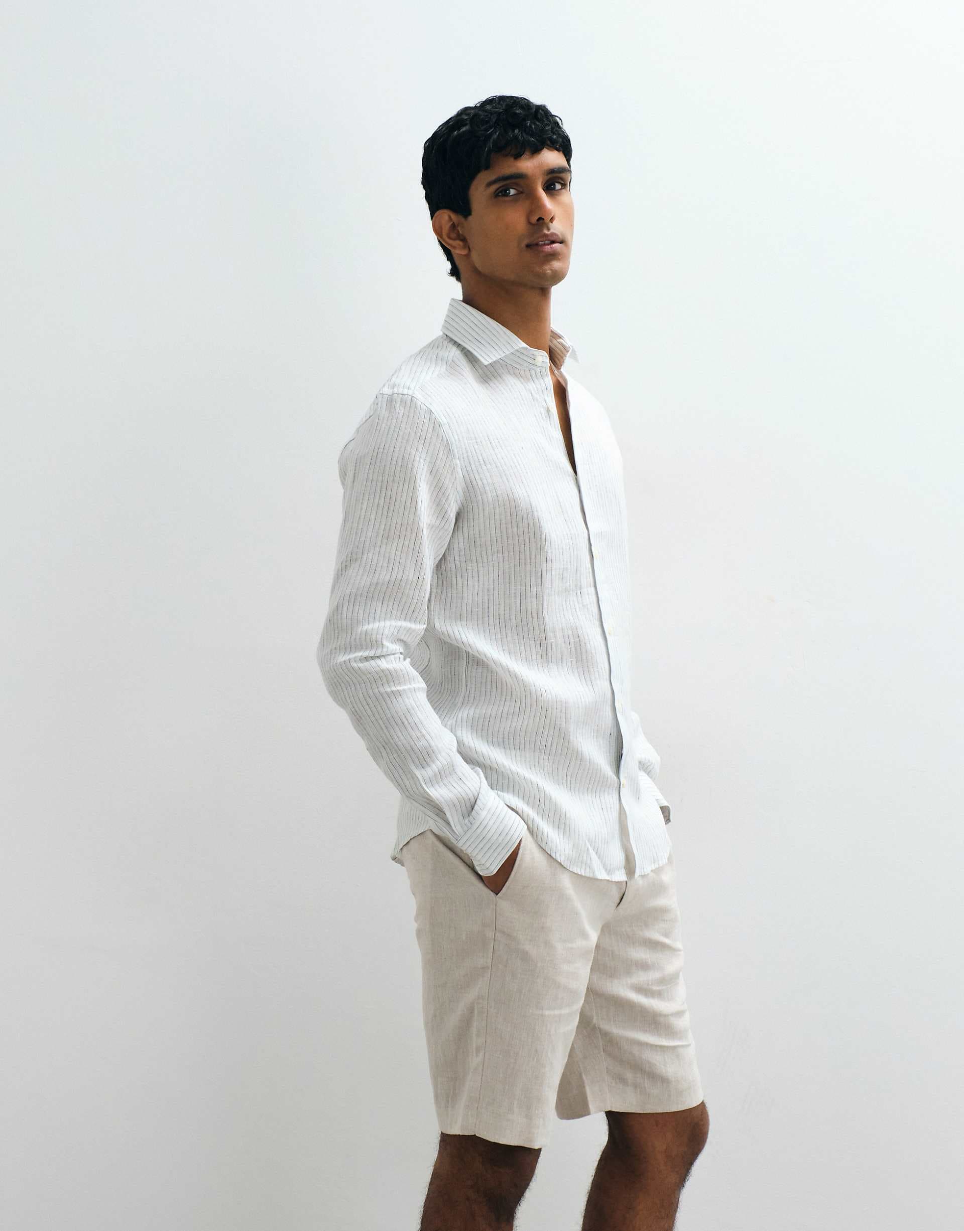 Mango 100% linen striped shirt in light blue