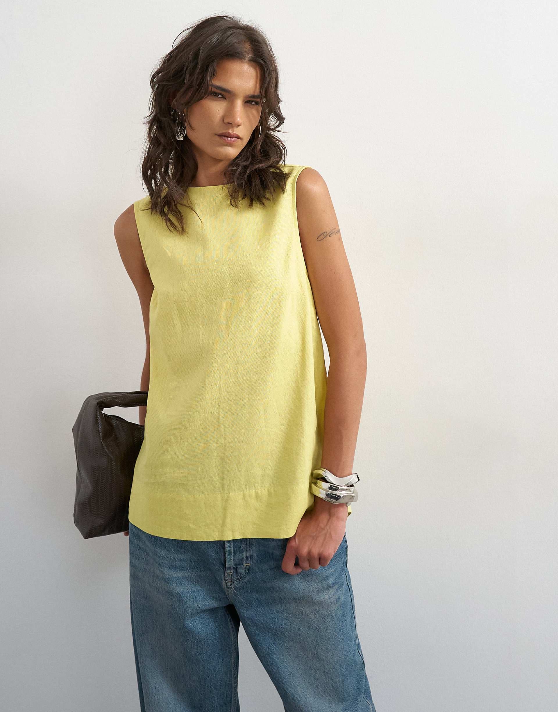 Topshop open back throw on linen rich tank top in muted lime