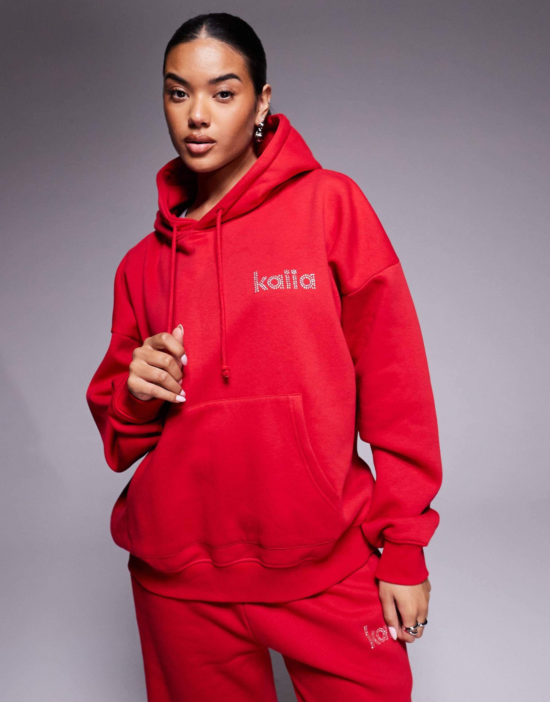 Kaiia exclusive cotton rich diamante logo oversized hoodie in red - part of a set