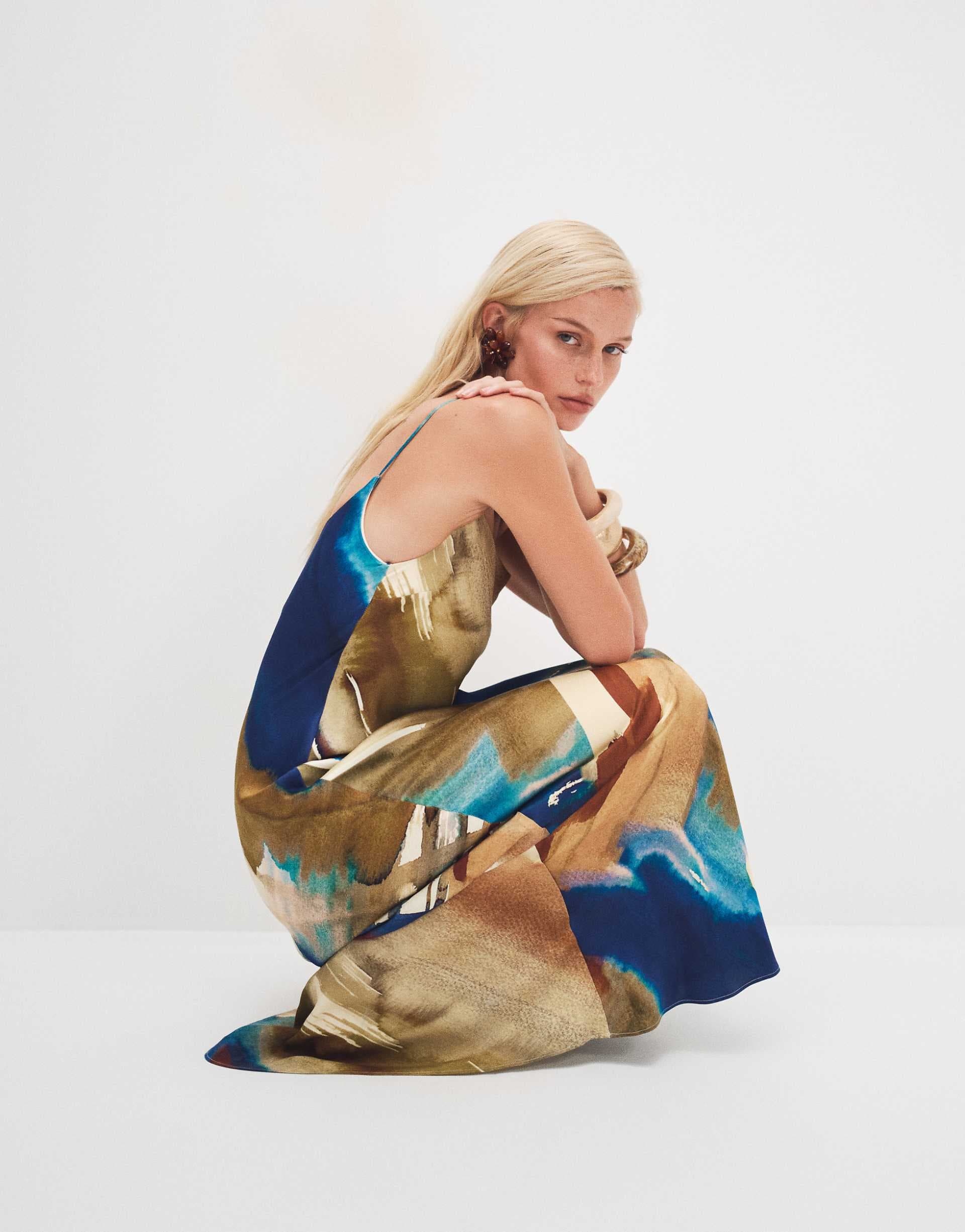 Topshop viscose satin low scoop flood length maxi slip dress in abstract ochre print