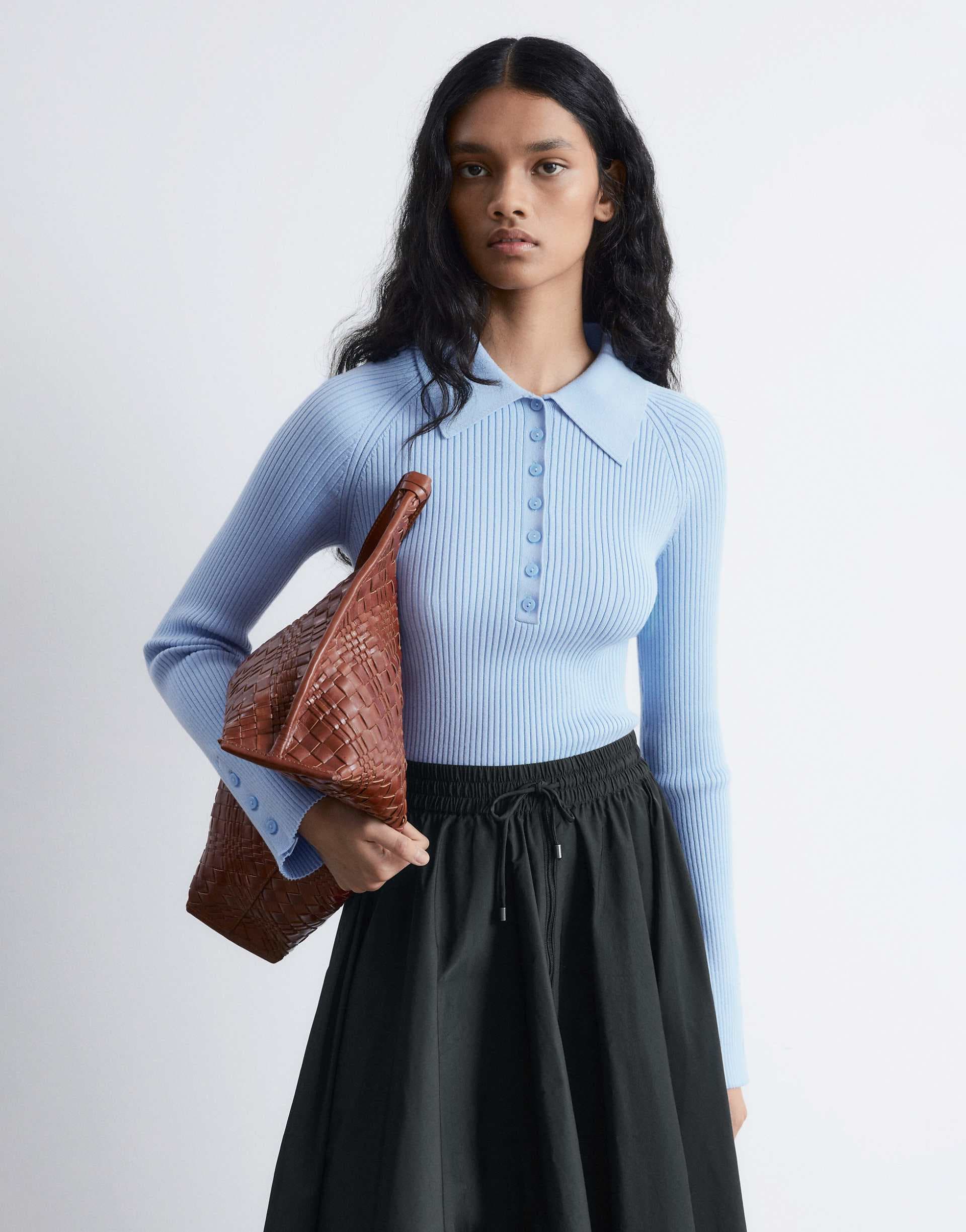 & Other Stories rib knit fitted polo top with mixed fabric collar in light blue