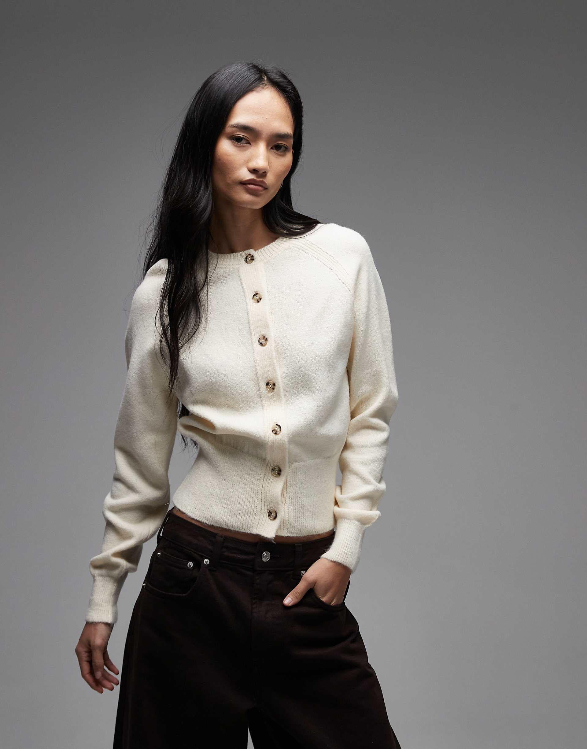 ASOS DESIGN fluffy knit cardigan with cinched waist in ecru