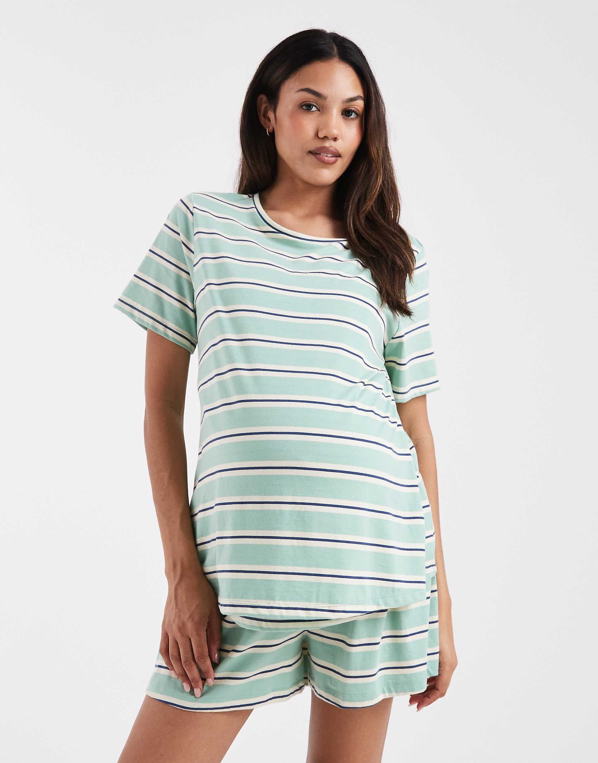ASOS DESIGN Maternity mix & match boxer pajama shorts in sage & blue stripe