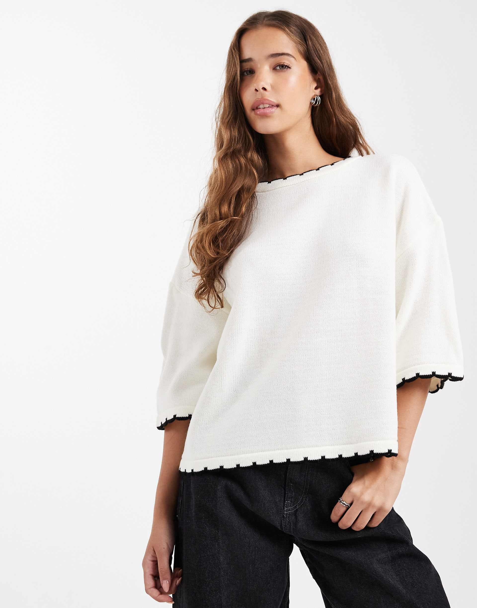 Miss Selfridge knit blanket stitch T-shirt in cream