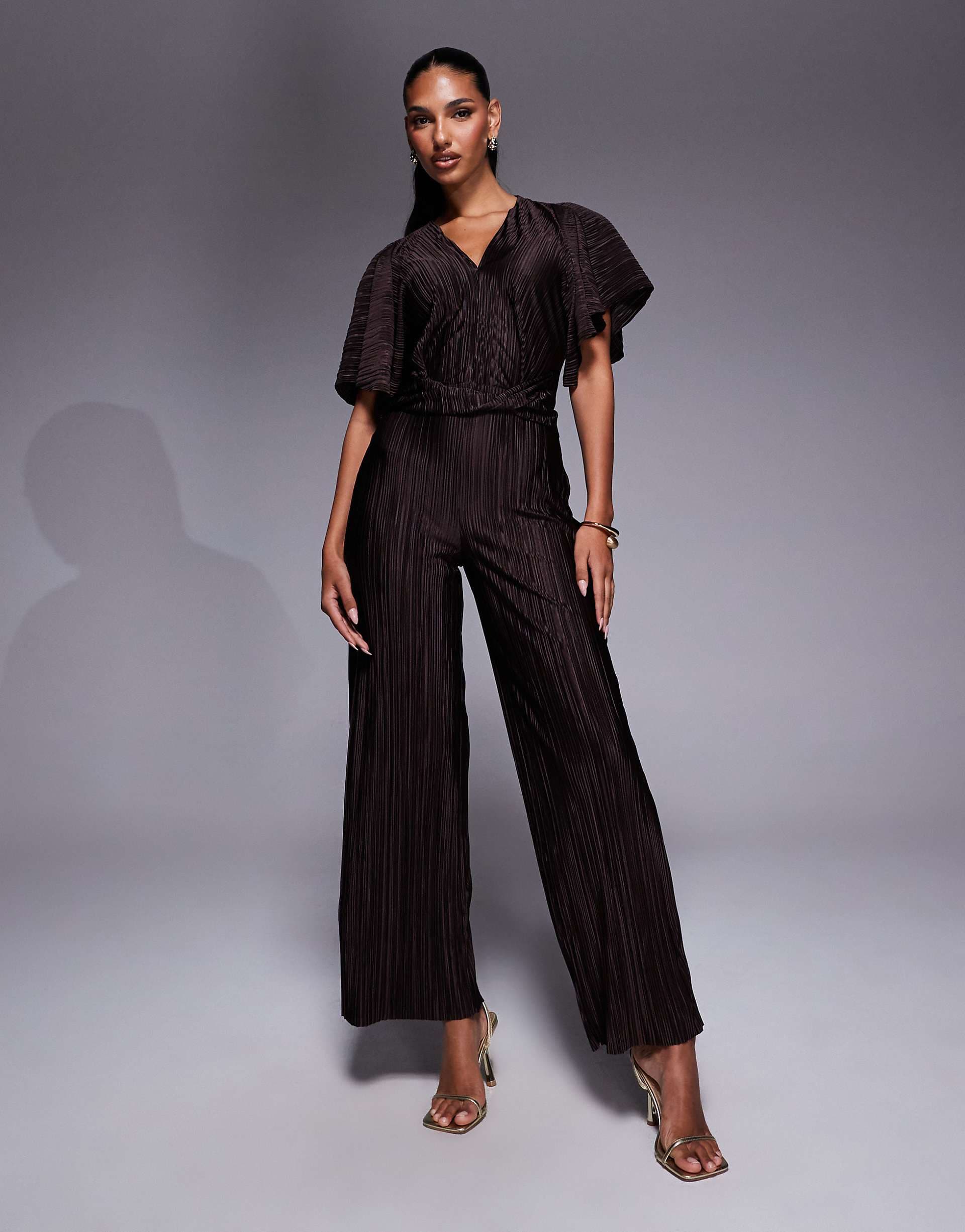 ASOS DESIGN plisse plunge short sleeve wrap waist jumpsuit in chocolate