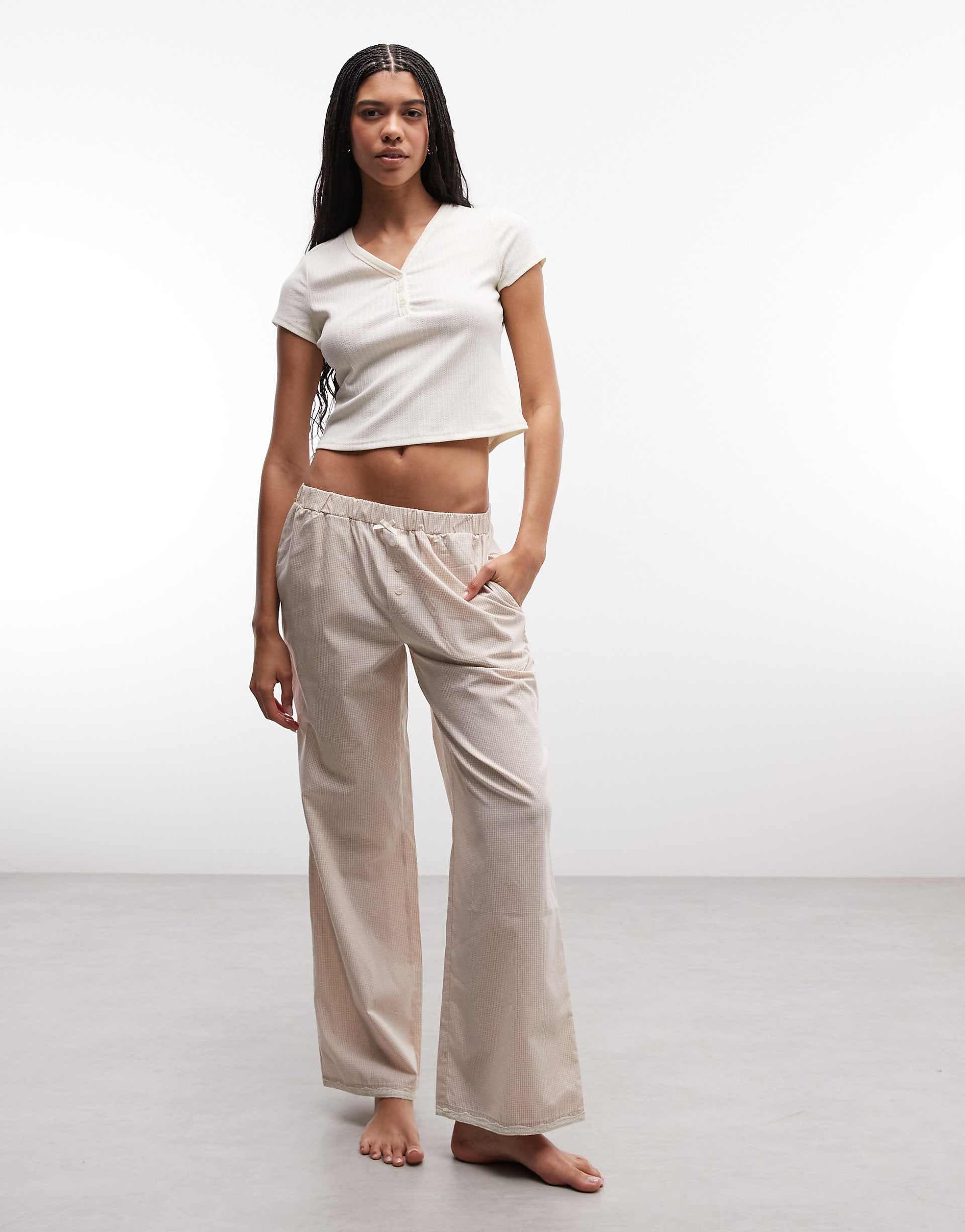 Daisy Street pointelle pajama top and bottoms in beige gingham