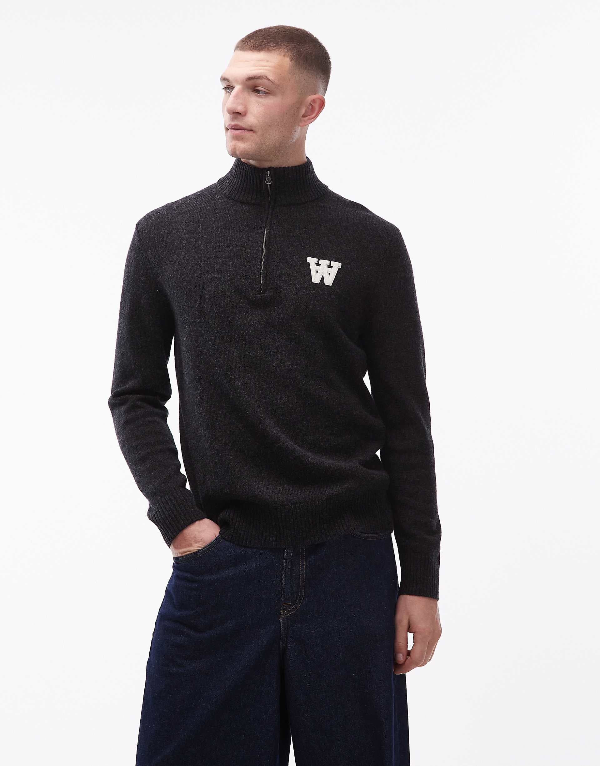 Double A By Wood Wood 100% wool quarter-zip knit sweater with logo detail in black