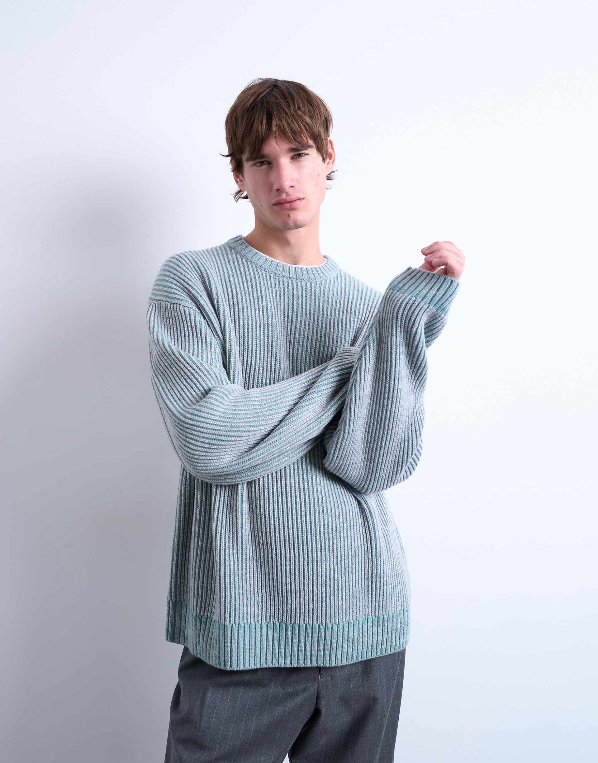 Topman relaxed fit knit fisherman sweater in washed blue