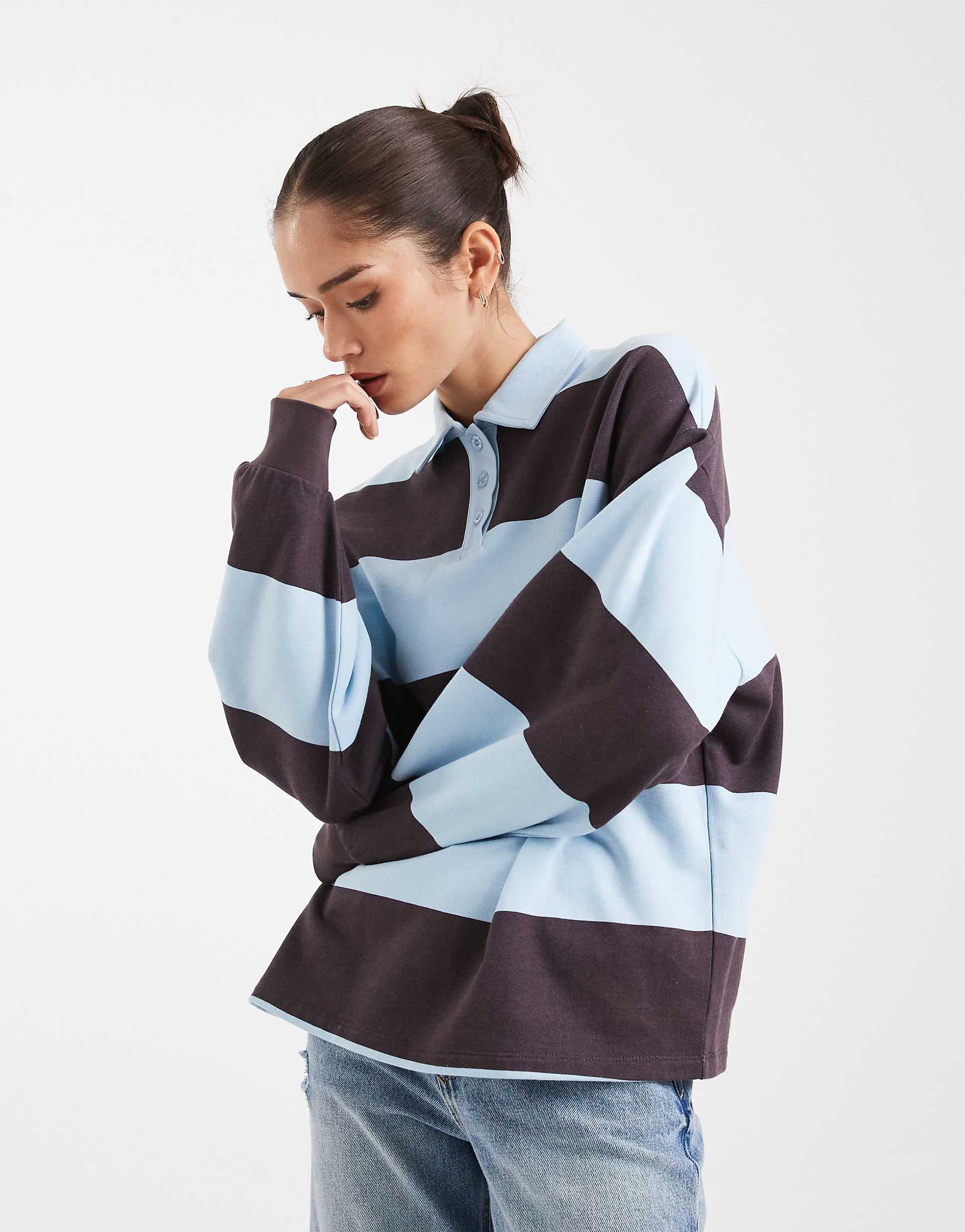 4th & Reckless cotton rich rugby polo collared sweatshirt in chocolate and blue
